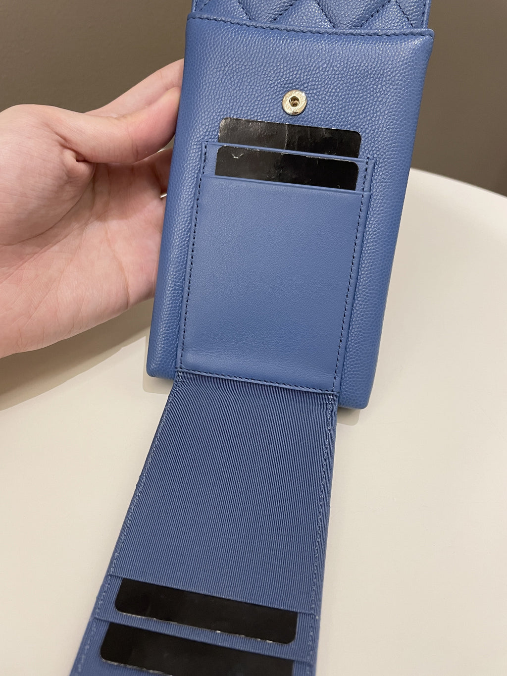 Chanel Quilted Phone Holder with Chain Paradise Blue Caviar