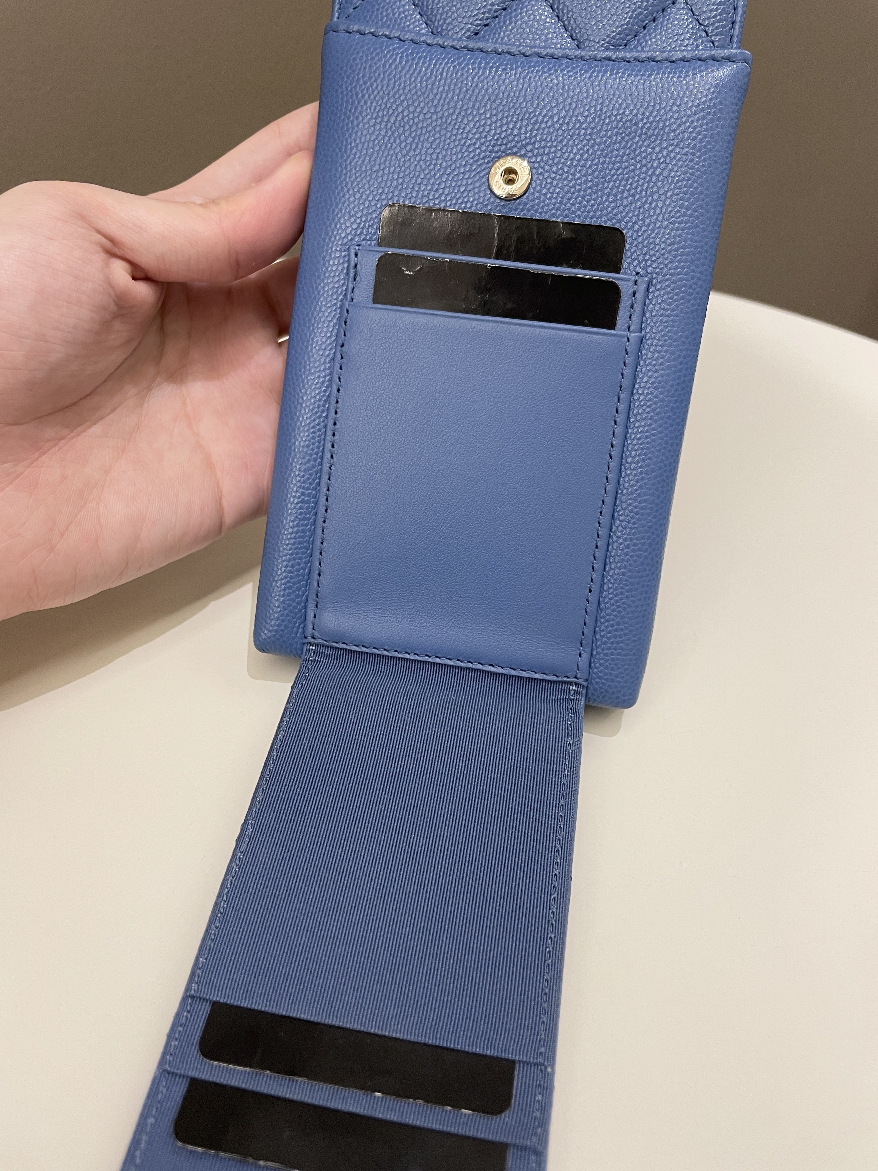 Chanel Quilted Phone Holder with Chain Paradise Blue Caviar