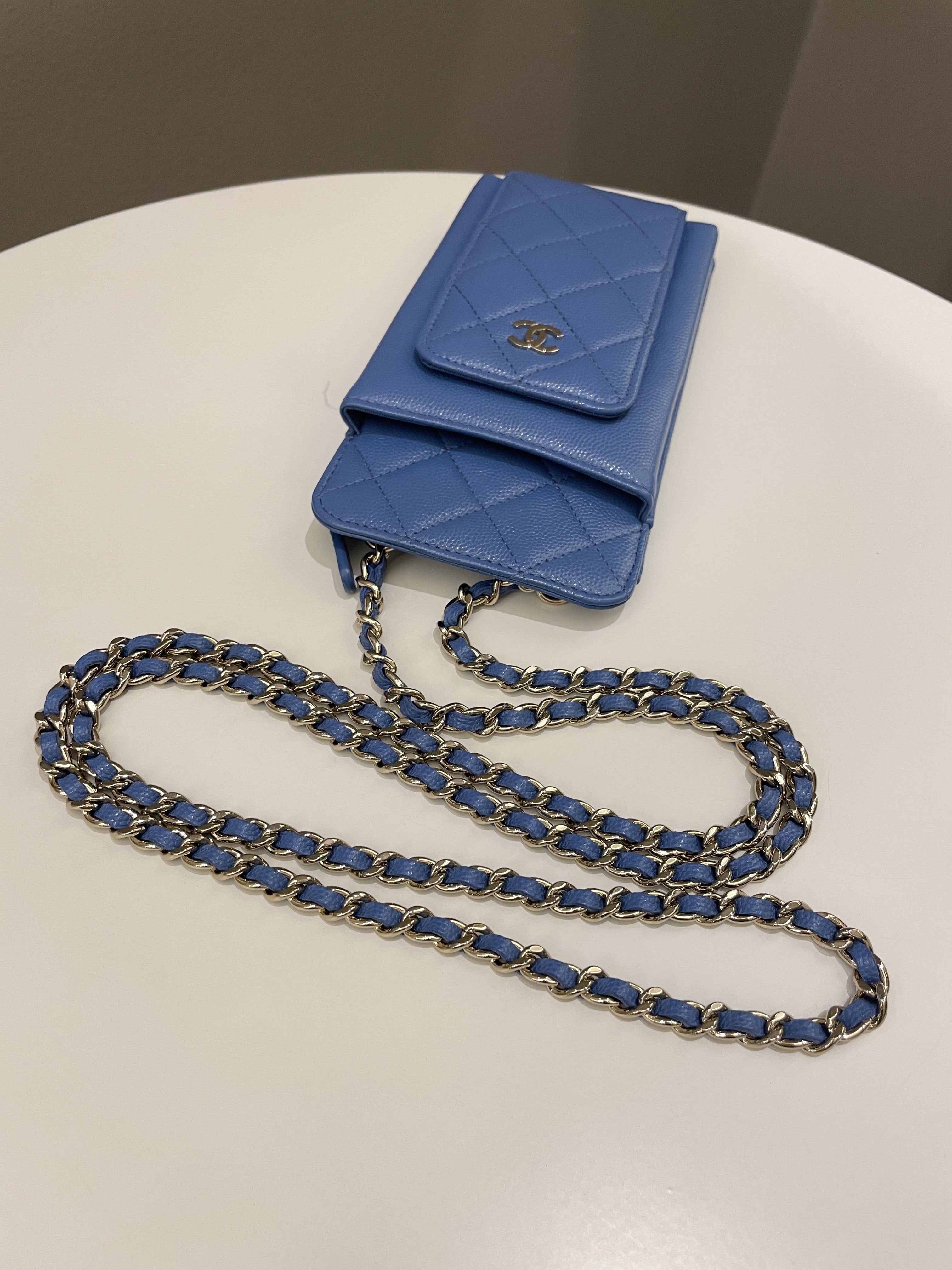 Chanel Quilted Phone Holder with Chain Paradise Blue Caviar