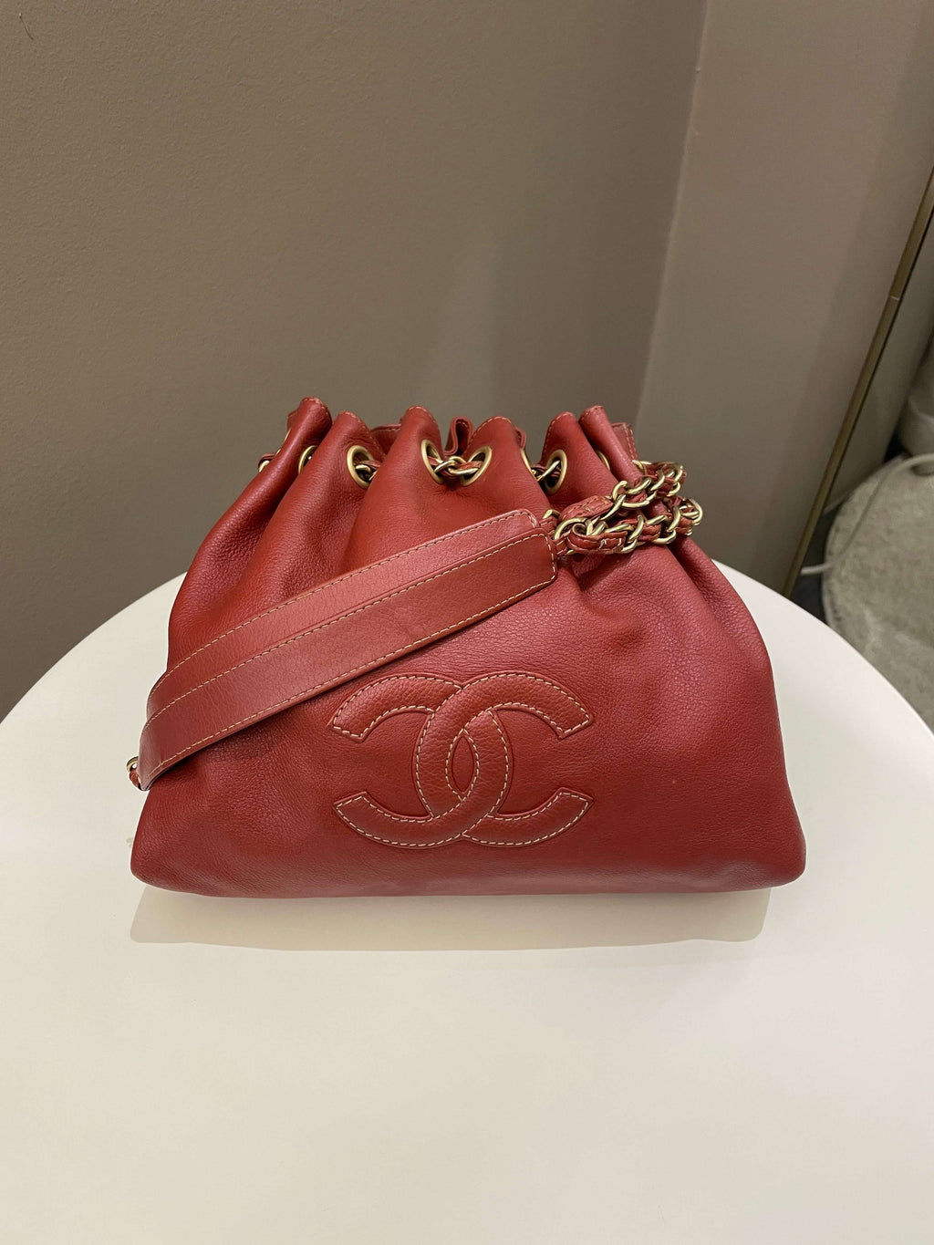Chanel Vintage Cc Drawstring Bucket Burned Red Calfskin