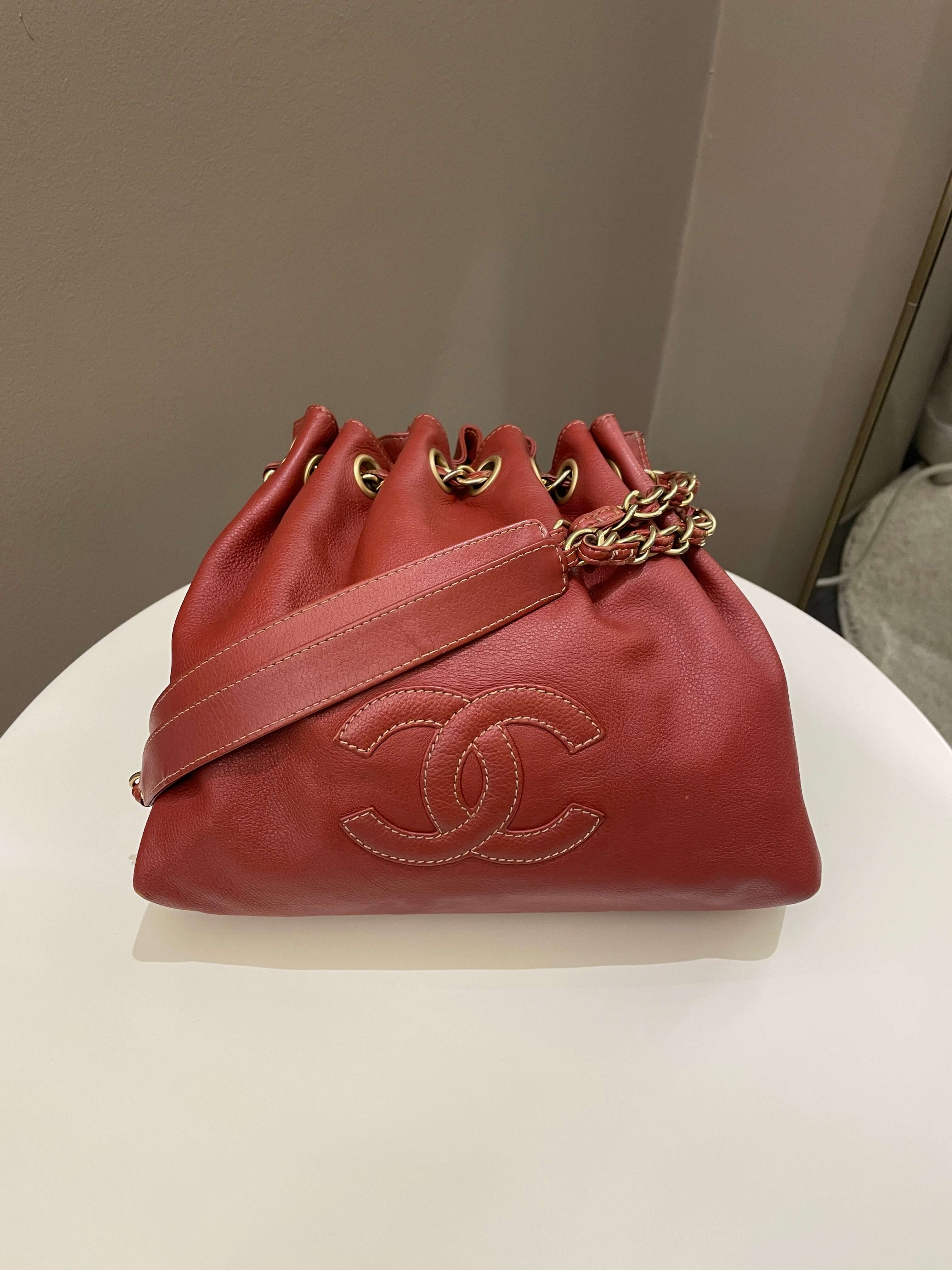 Chanel Vintage Cc Drawstring Bucket Burned Red Calfskin