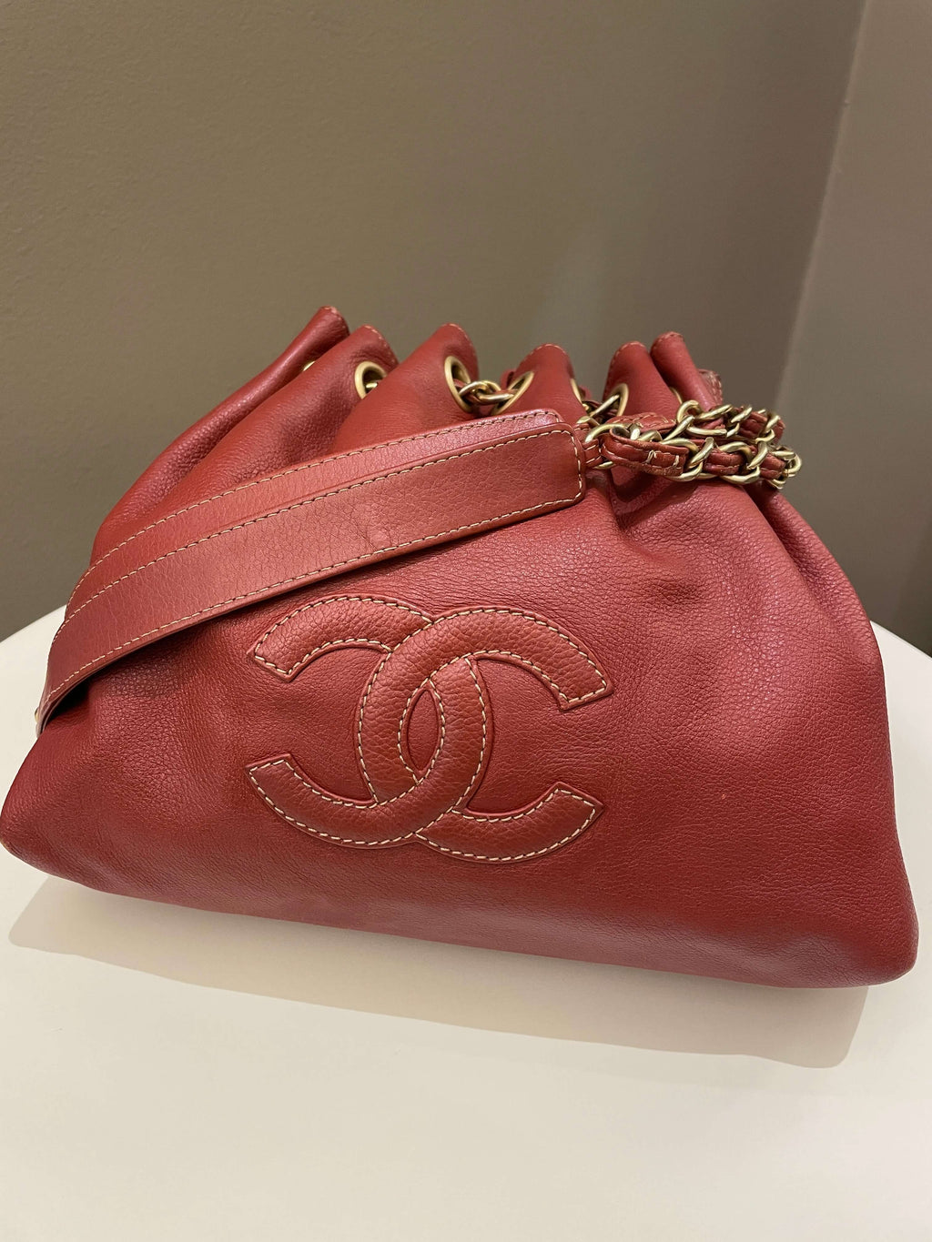 Chanel Vintage Cc Drawstring Bucket Burned Red Calfskin