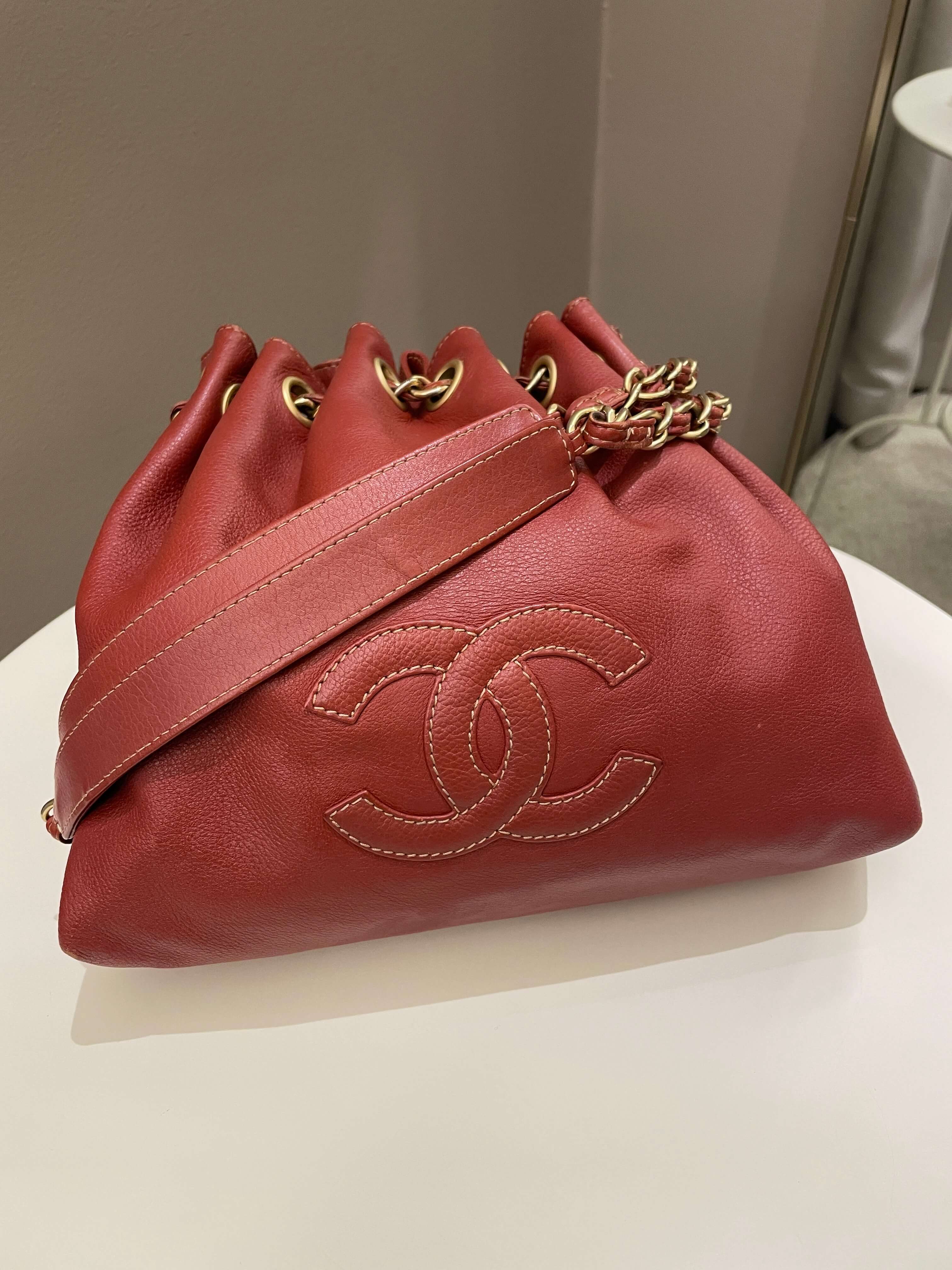 Chanel Vintage Cc Drawstring Bucket Burned Red Calfskin