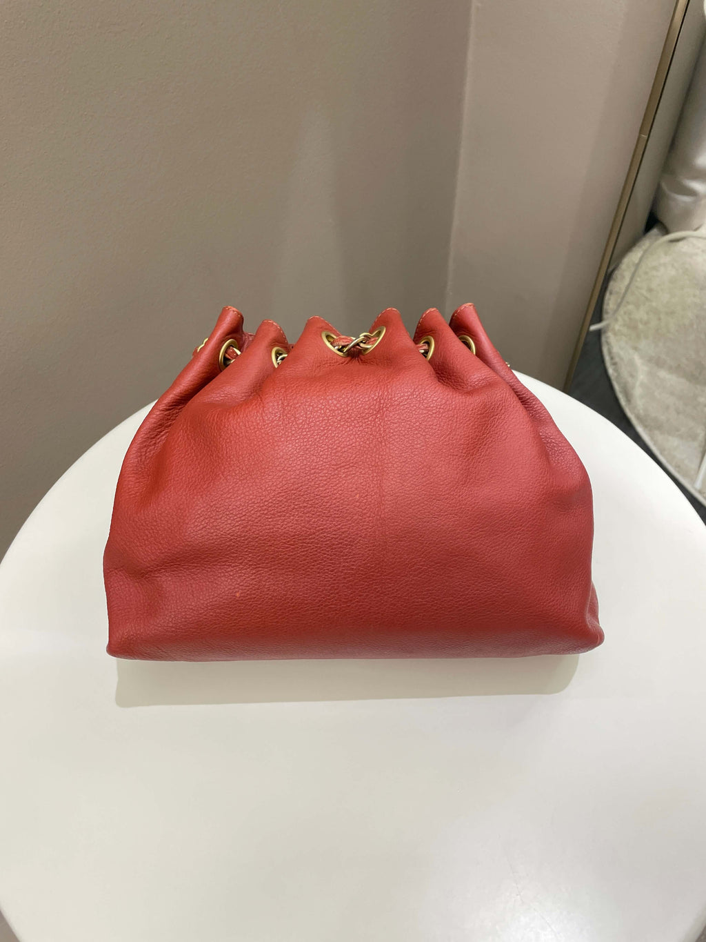 Chanel Vintage Cc Drawstring Bucket Burned Red Calfskin