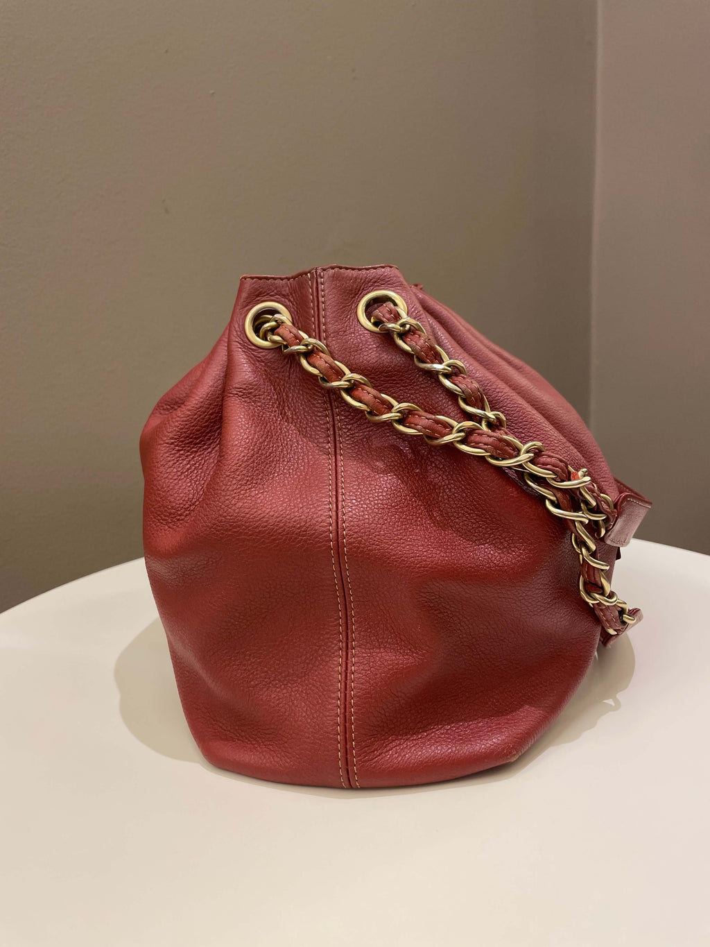 Chanel Vintage Cc Drawstring Bucket Burned Red Calfskin