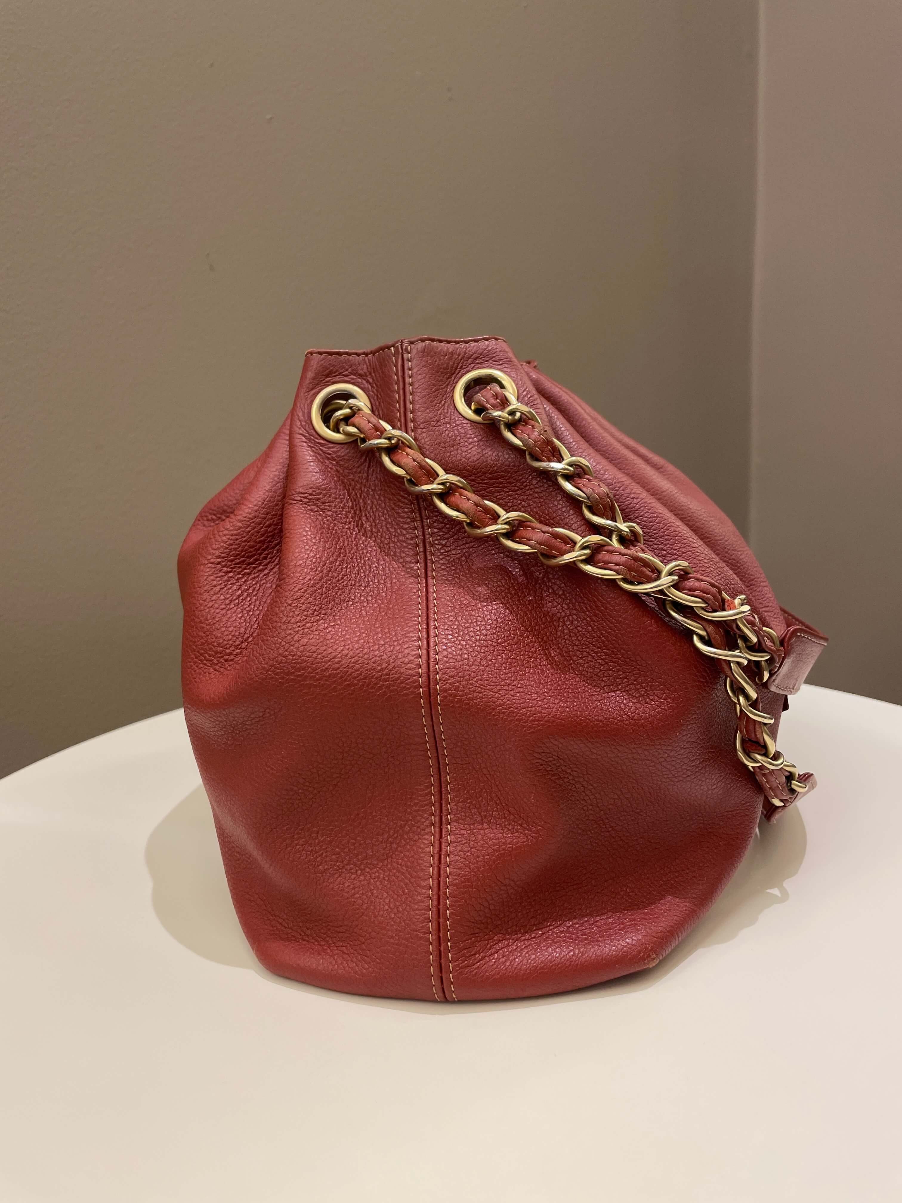Chanel Vintage Cc Drawstring Bucket Burned Red Calfskin
