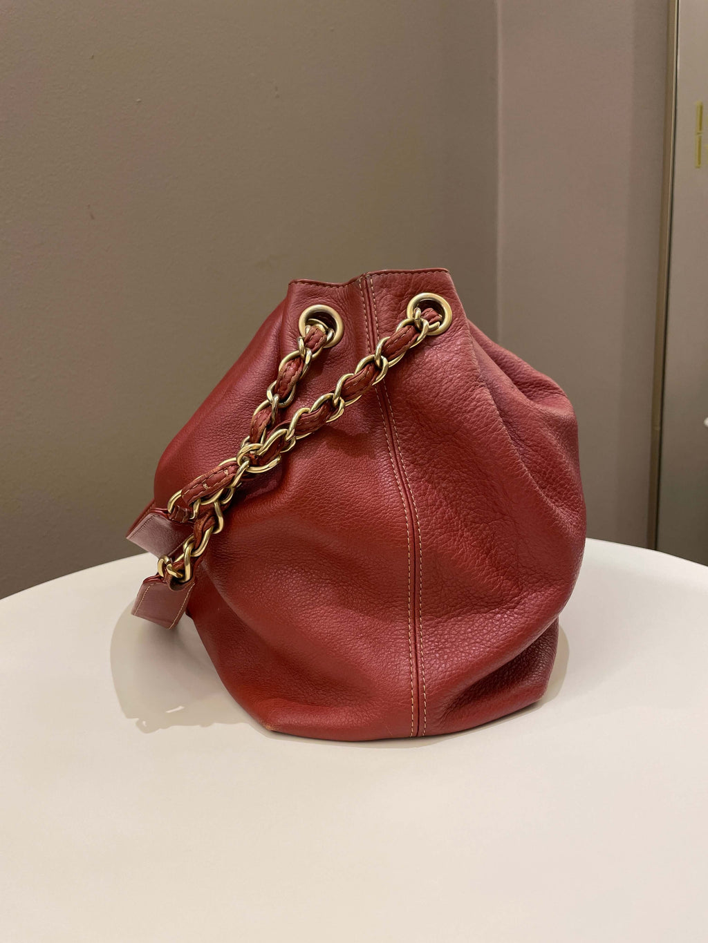 Chanel Vintage Cc Drawstring Bucket Burned Red Calfskin