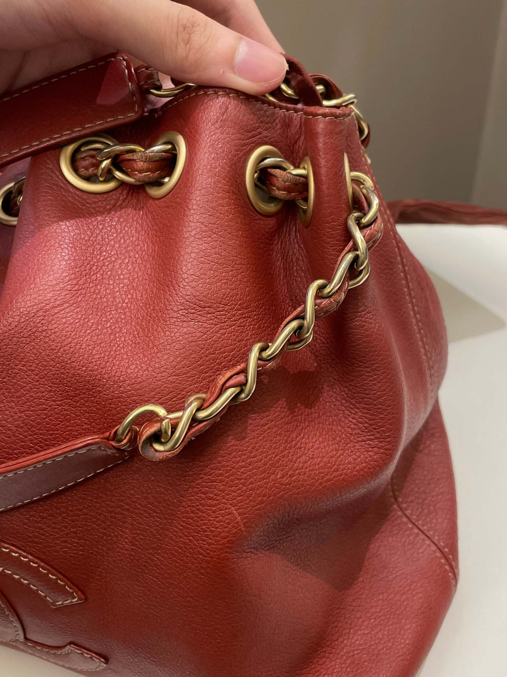 Chanel Vintage Cc Drawstring Bucket Burned Red Calfskin