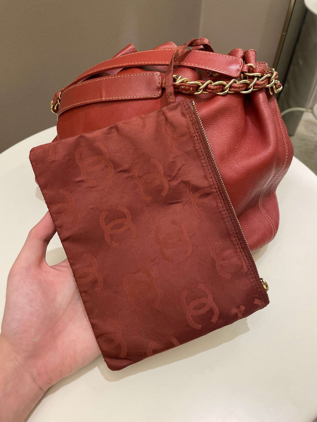 Chanel Vintage Cc Drawstring Bucket Burned Red Calfskin