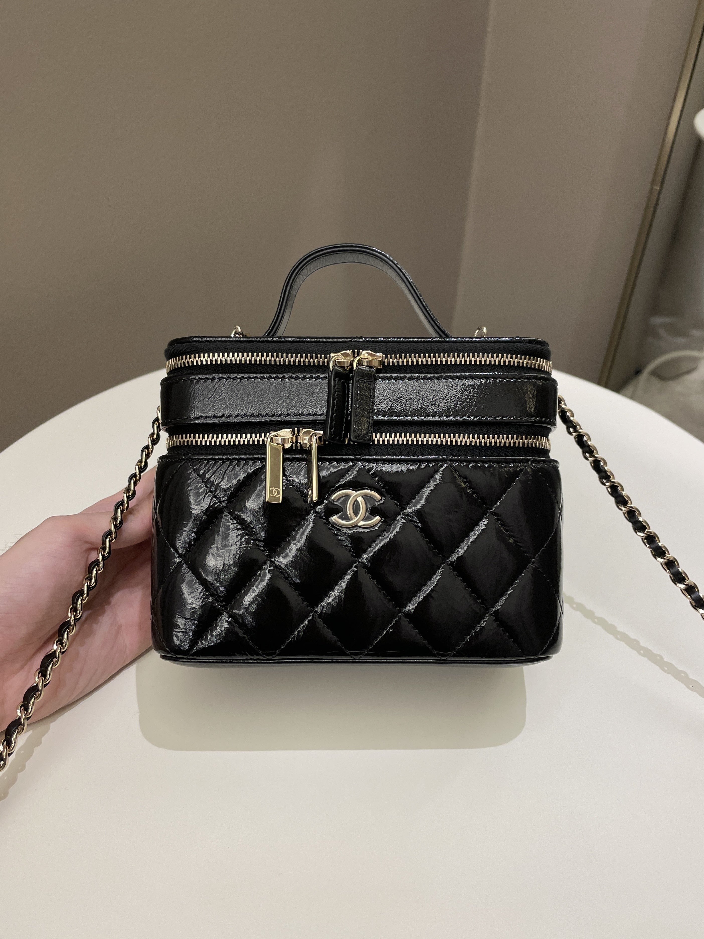 Chanel 22B Top Handle Tall Vanity Black Patent