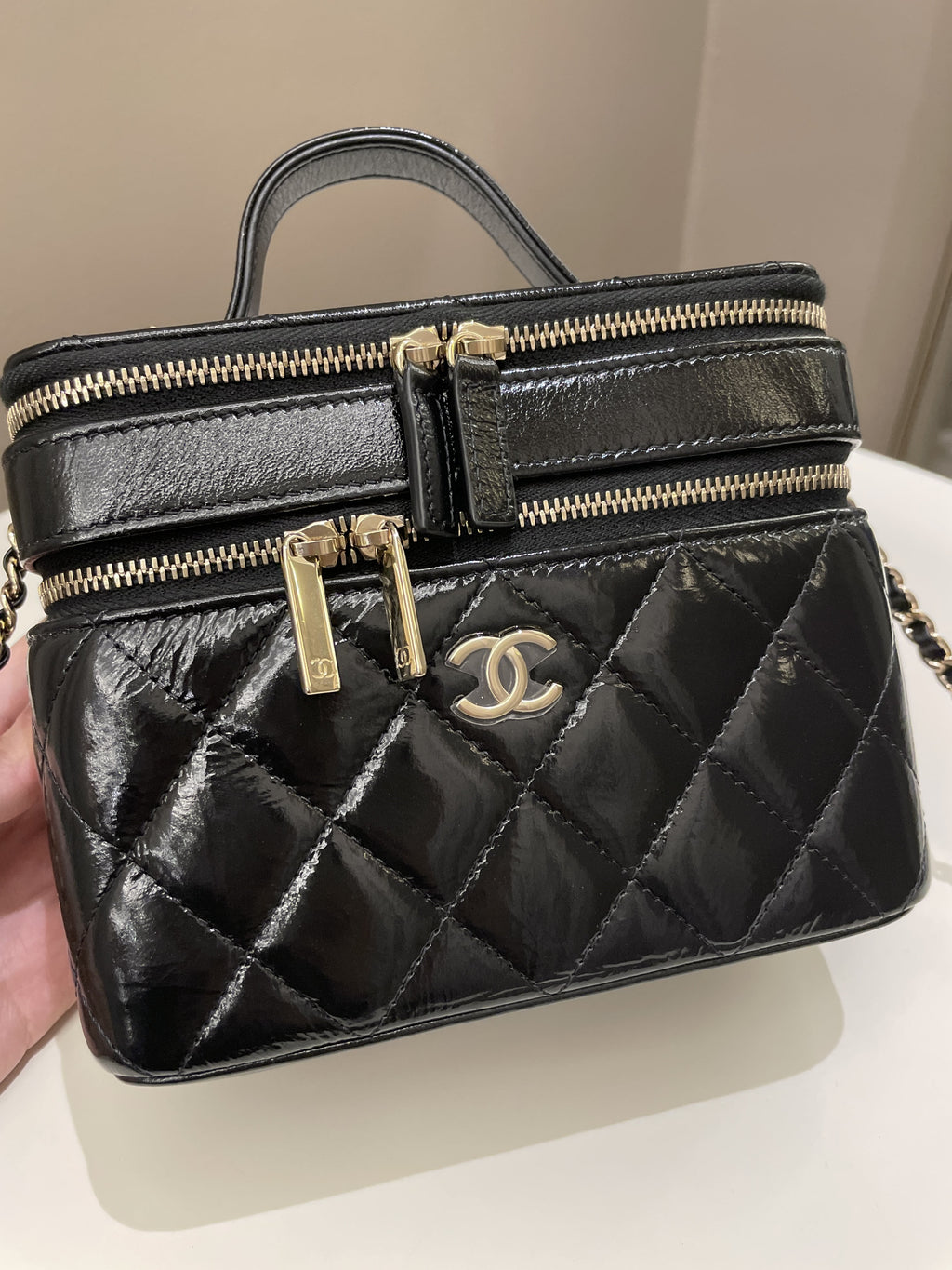 Chanel 22B Top Handle Tall Vanity Black Patent