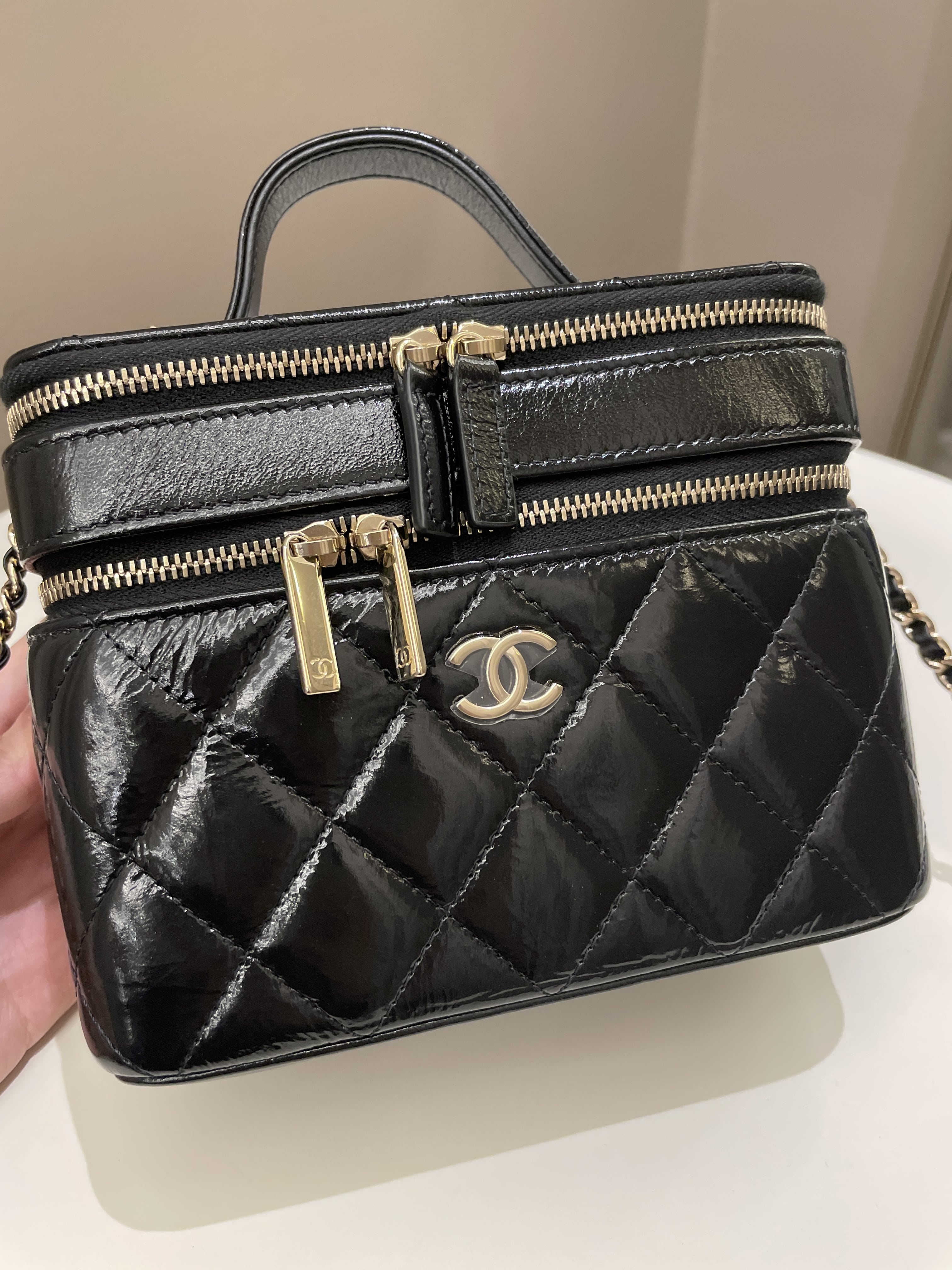 Chanel 22B Top Handle Tall Vanity Black Patent