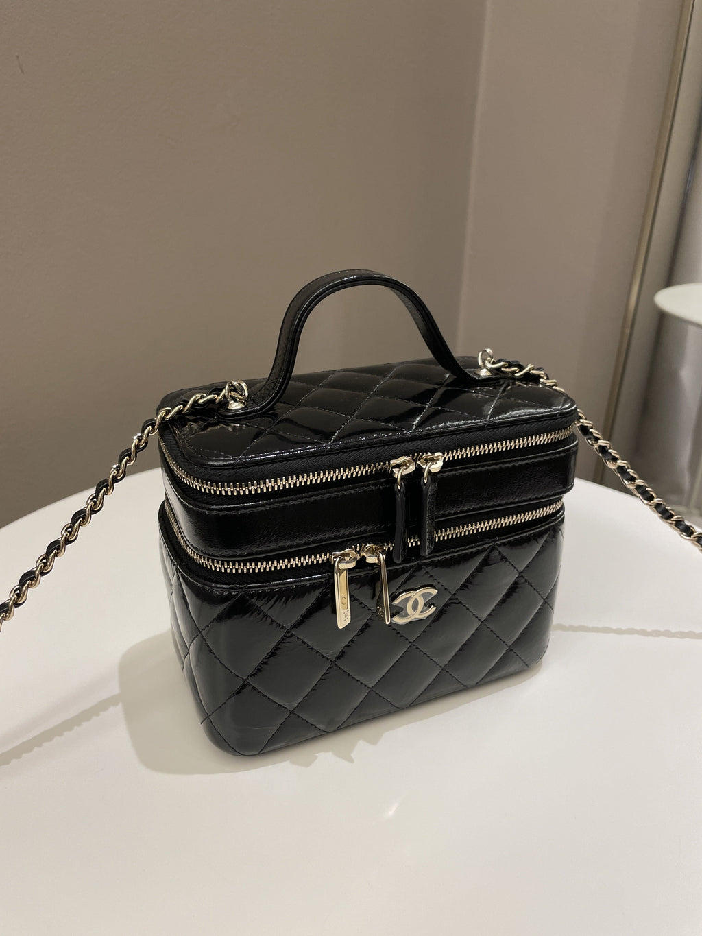 Chanel 22B Top Handle Tall Vanity Black Patent