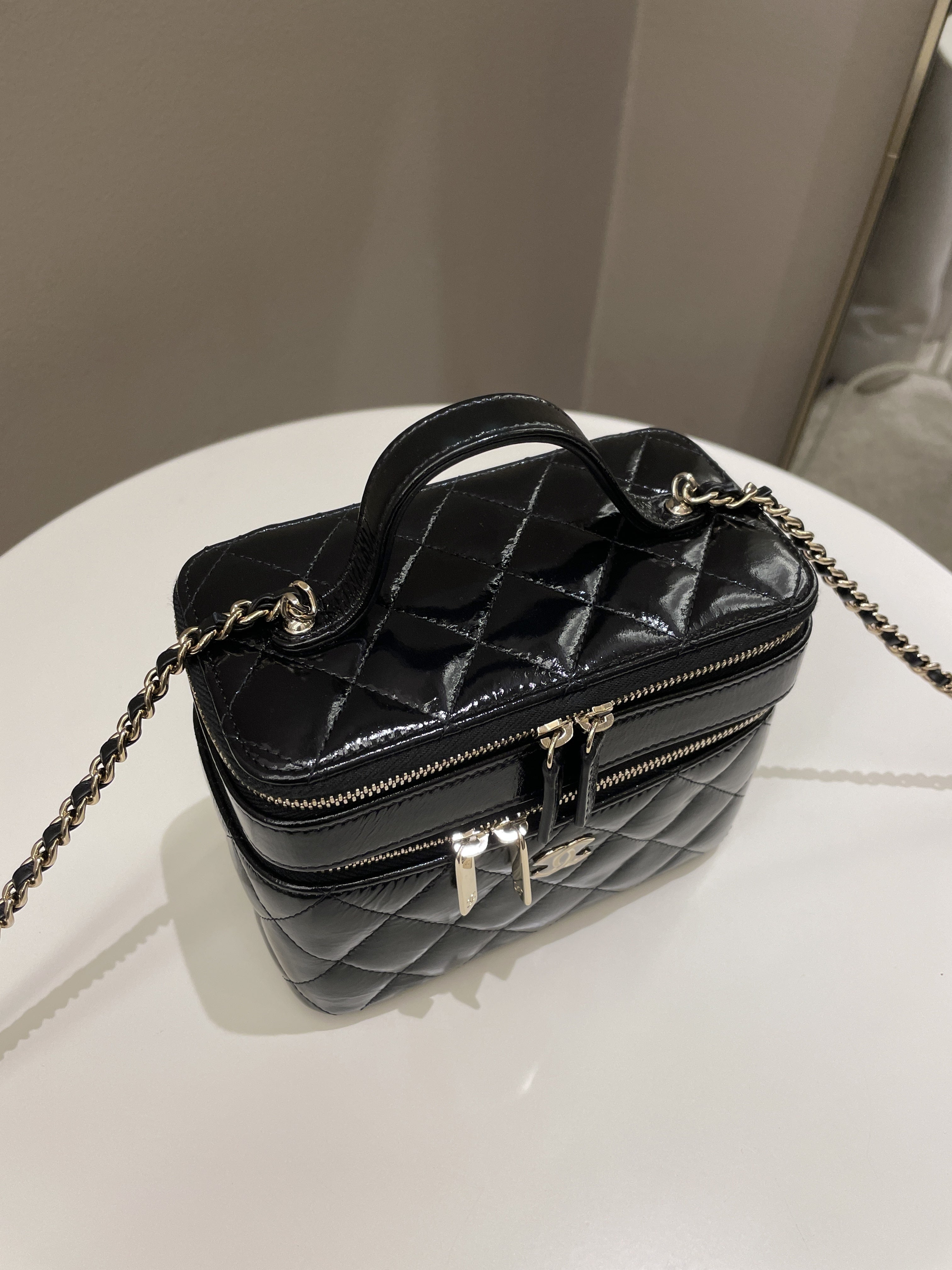 Chanel 22B Top Handle Tall Vanity Black Patent