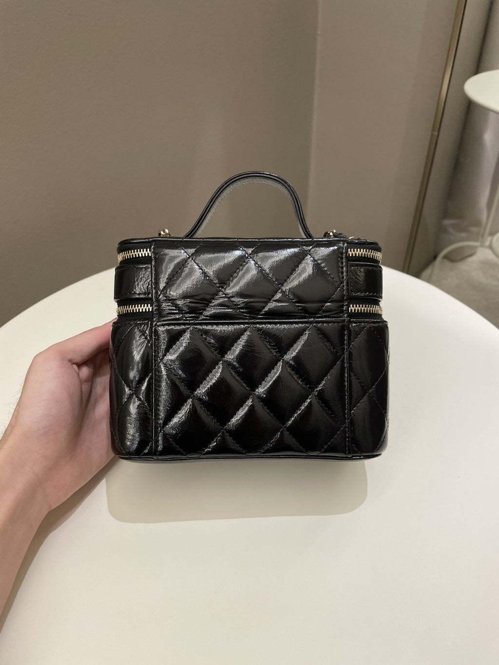 Chanel 22B Top Handle Tall Vanity Black Patent