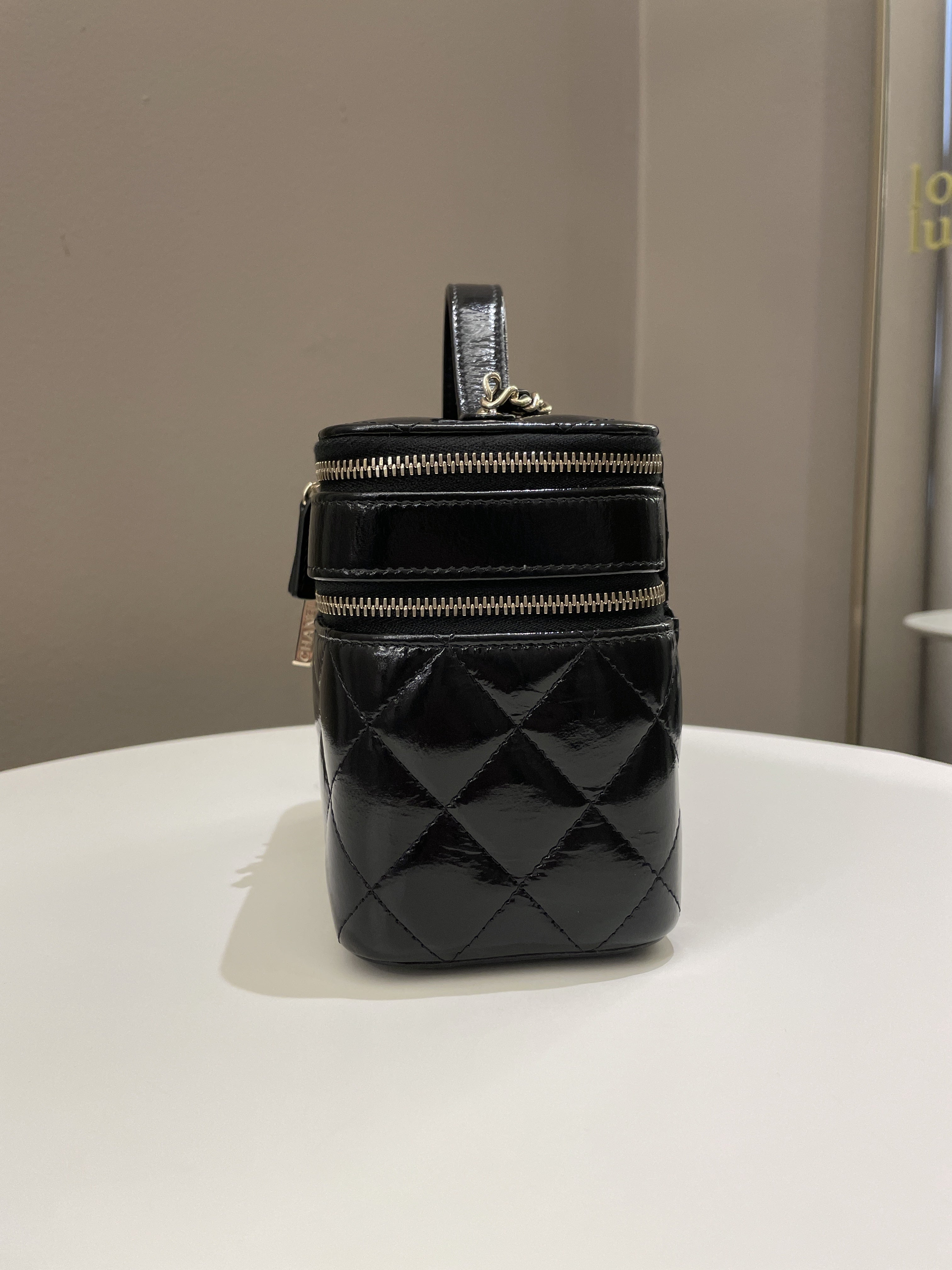 Chanel 22B Top Handle Tall Vanity Black Patent