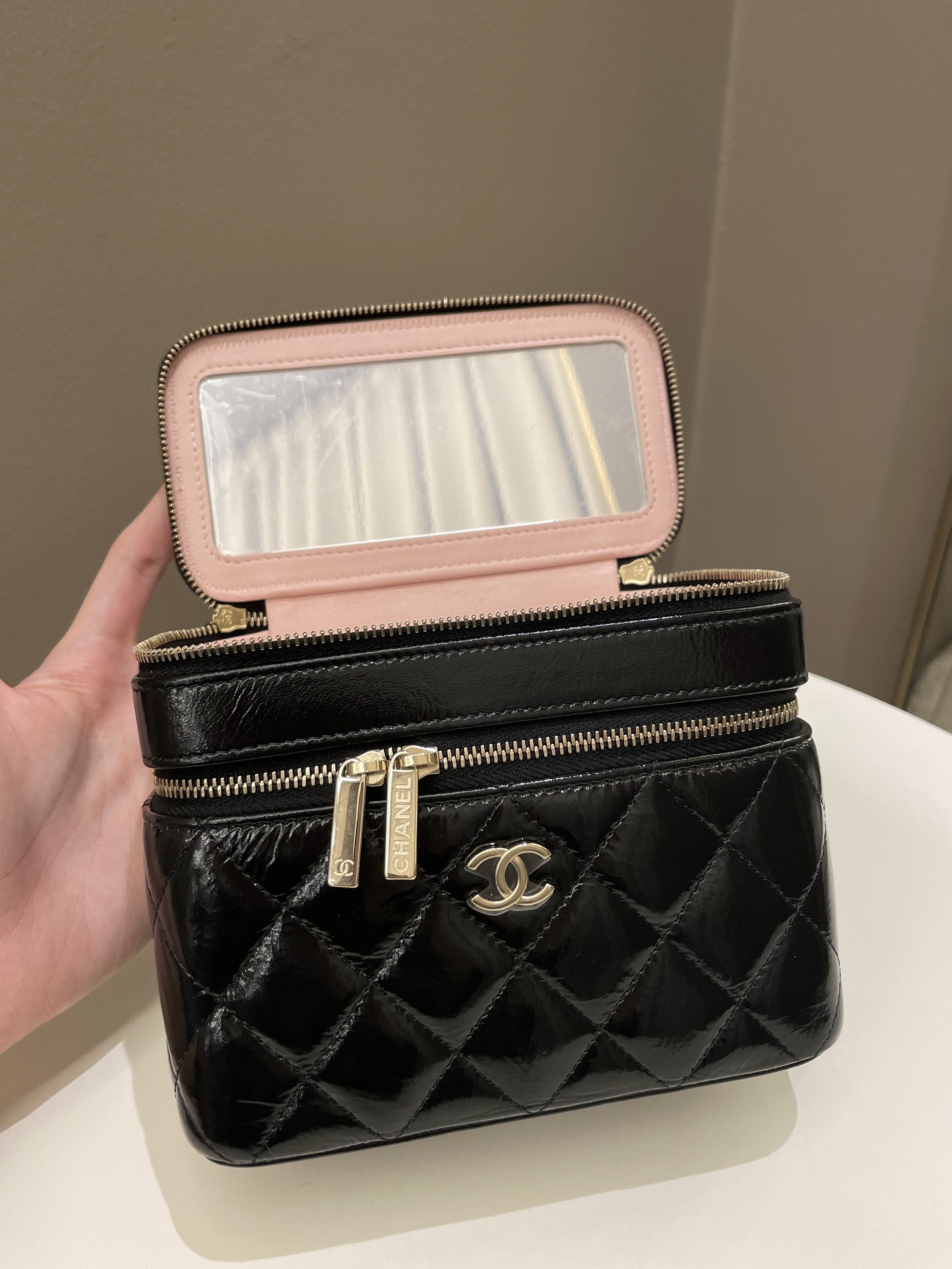 Chanel 22B Top Handle Tall Vanity Black Patent