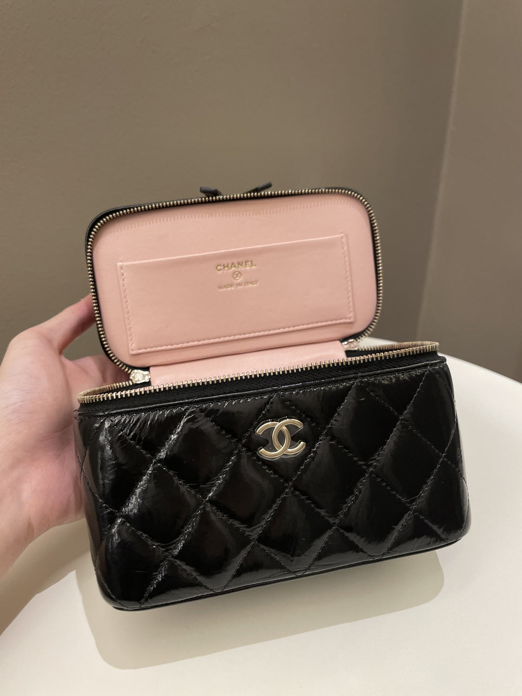 Chanel 22B Top Handle Tall Vanity Black Patent