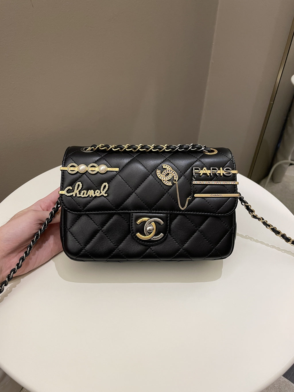 Chanel 22C Coco Pearl Signature Flap Black Lambskin