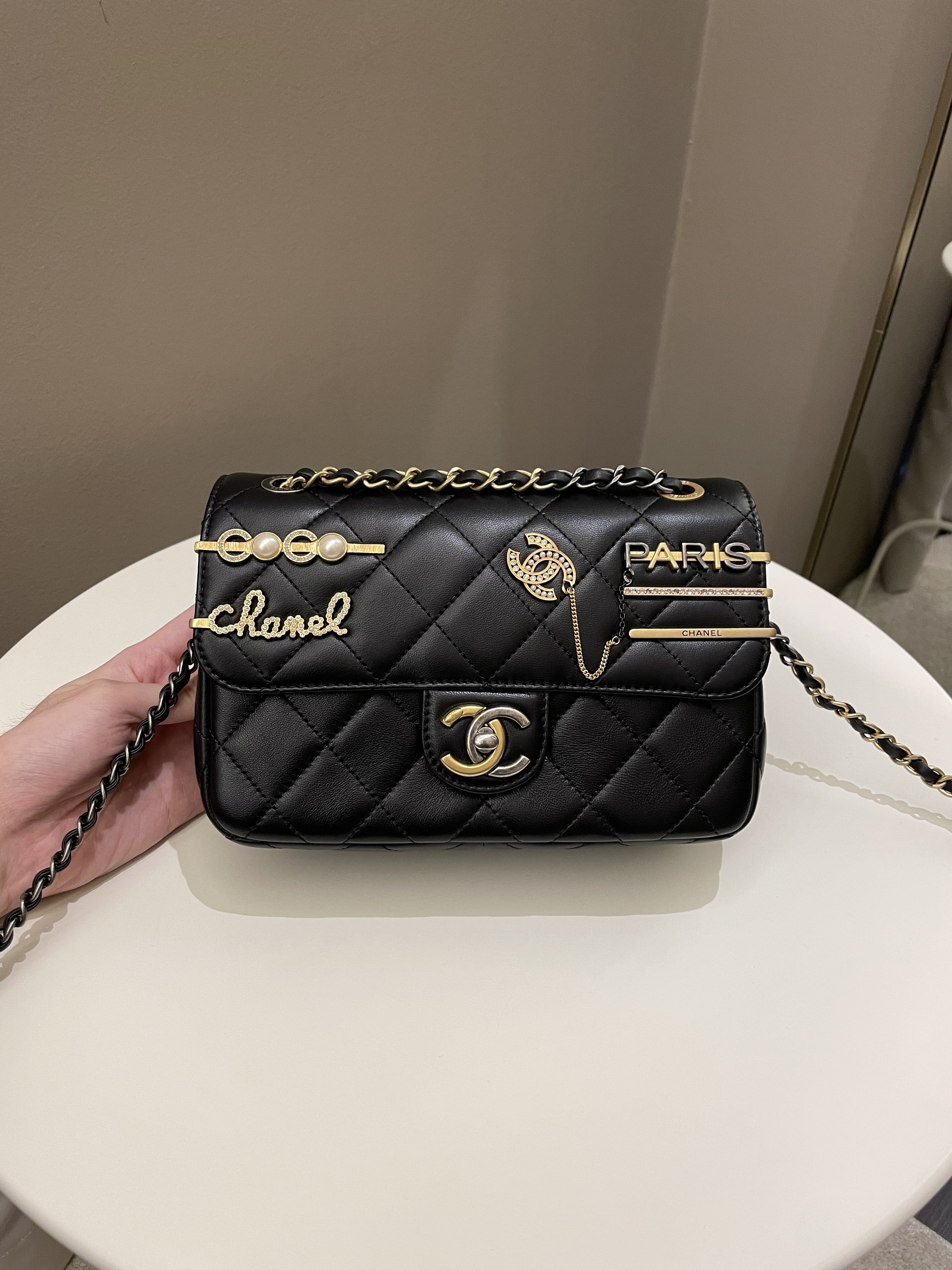 Chanel 22C Coco Pearl Signature Flap Black Lambskin
