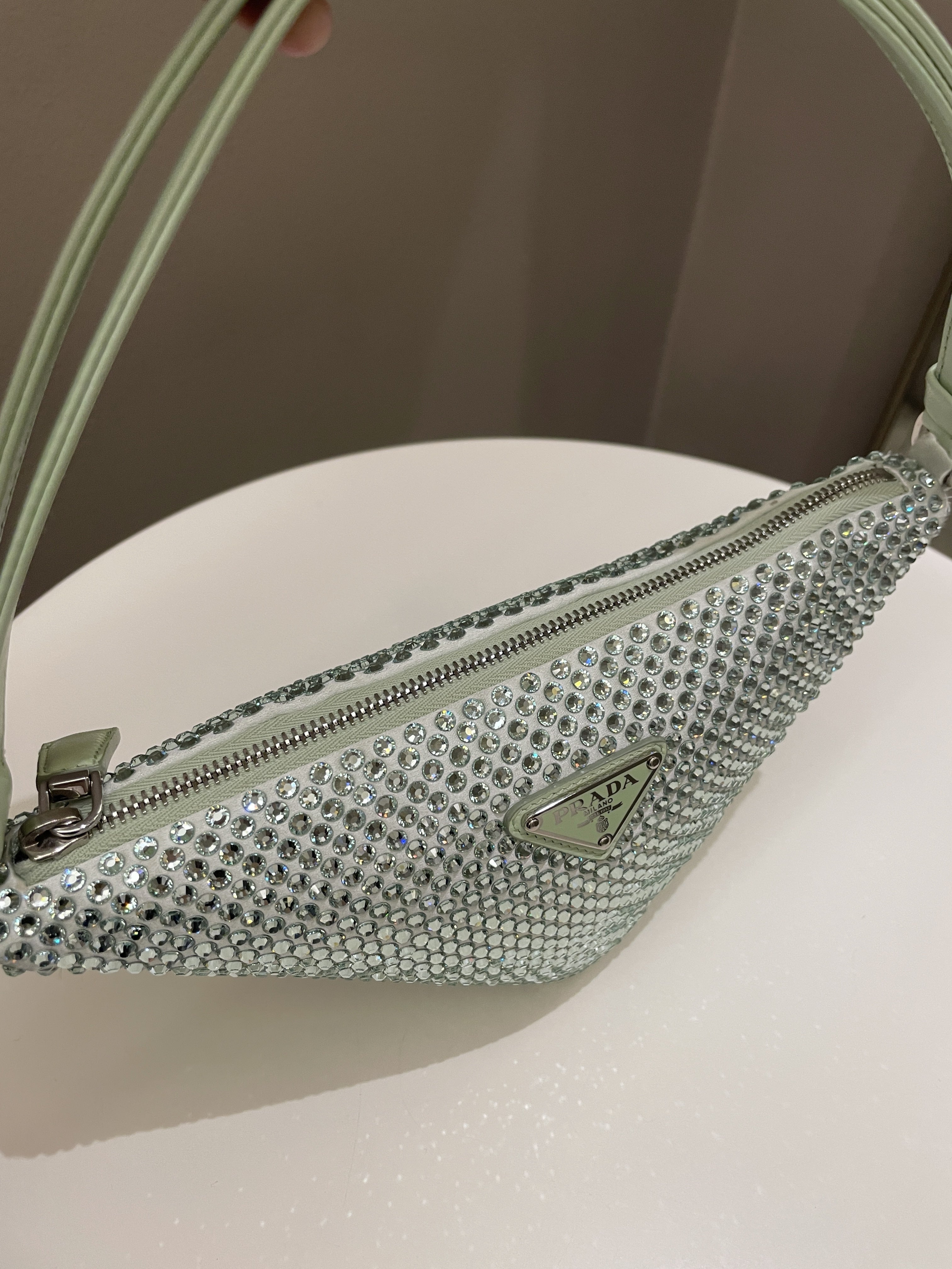 Prada Triangular Crystal Auqa Green
