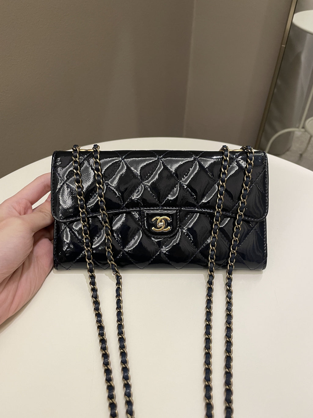Chanel Double C Grommet Clutch On Chain Midnight Blue Patent
