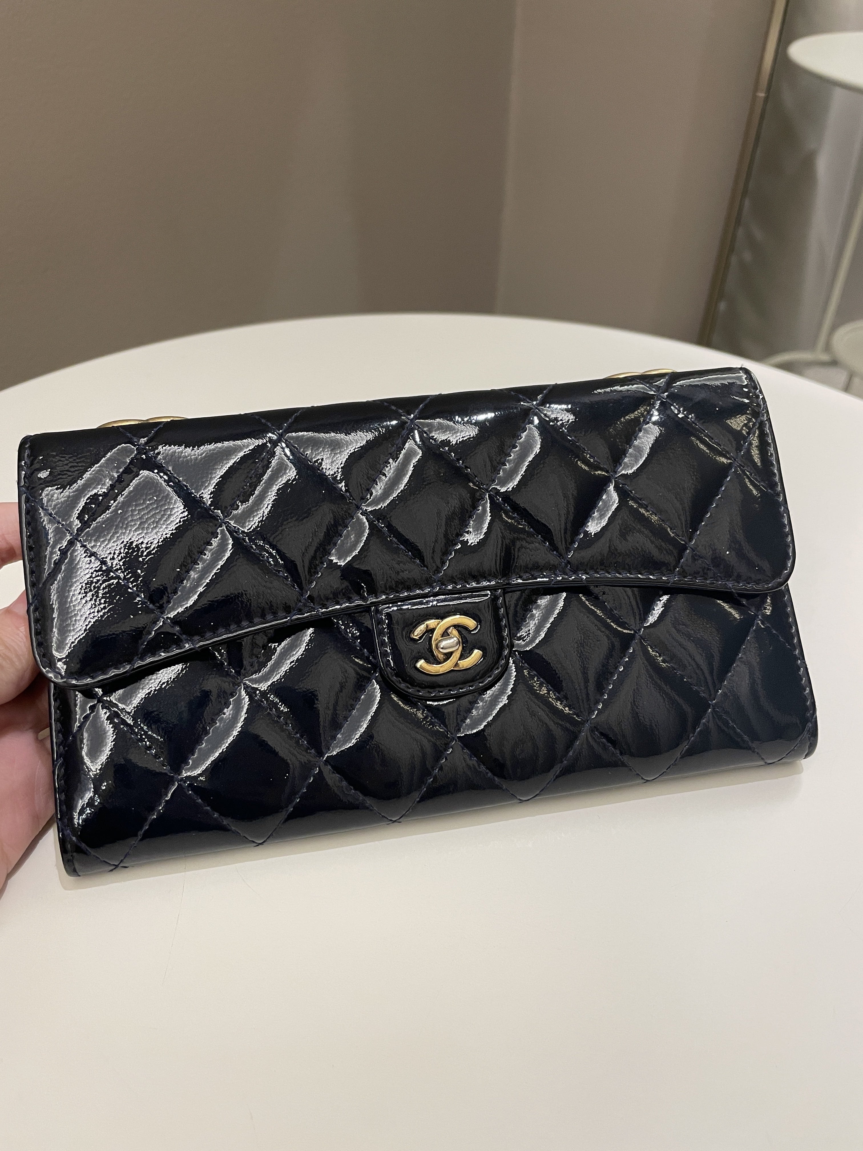 Chanel Double C Grommet Clutch On Chain Midnight Blue Patent
