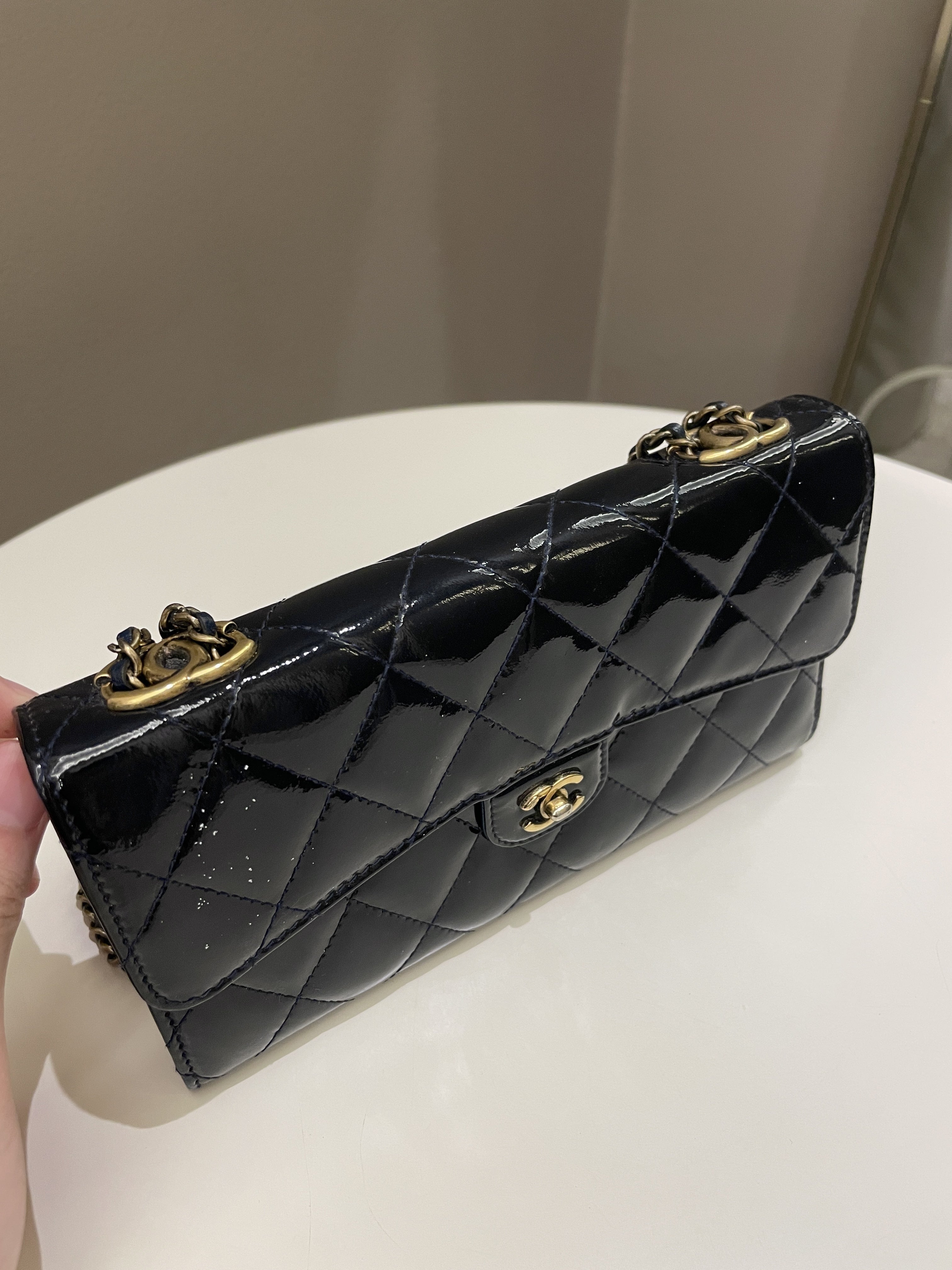 Chanel Double C Grommet Clutch On Chain Midnight Blue Patent