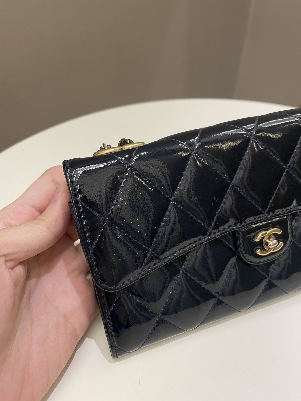 Chanel Double C Grommet Clutch On Chain Midnight Blue Patent
