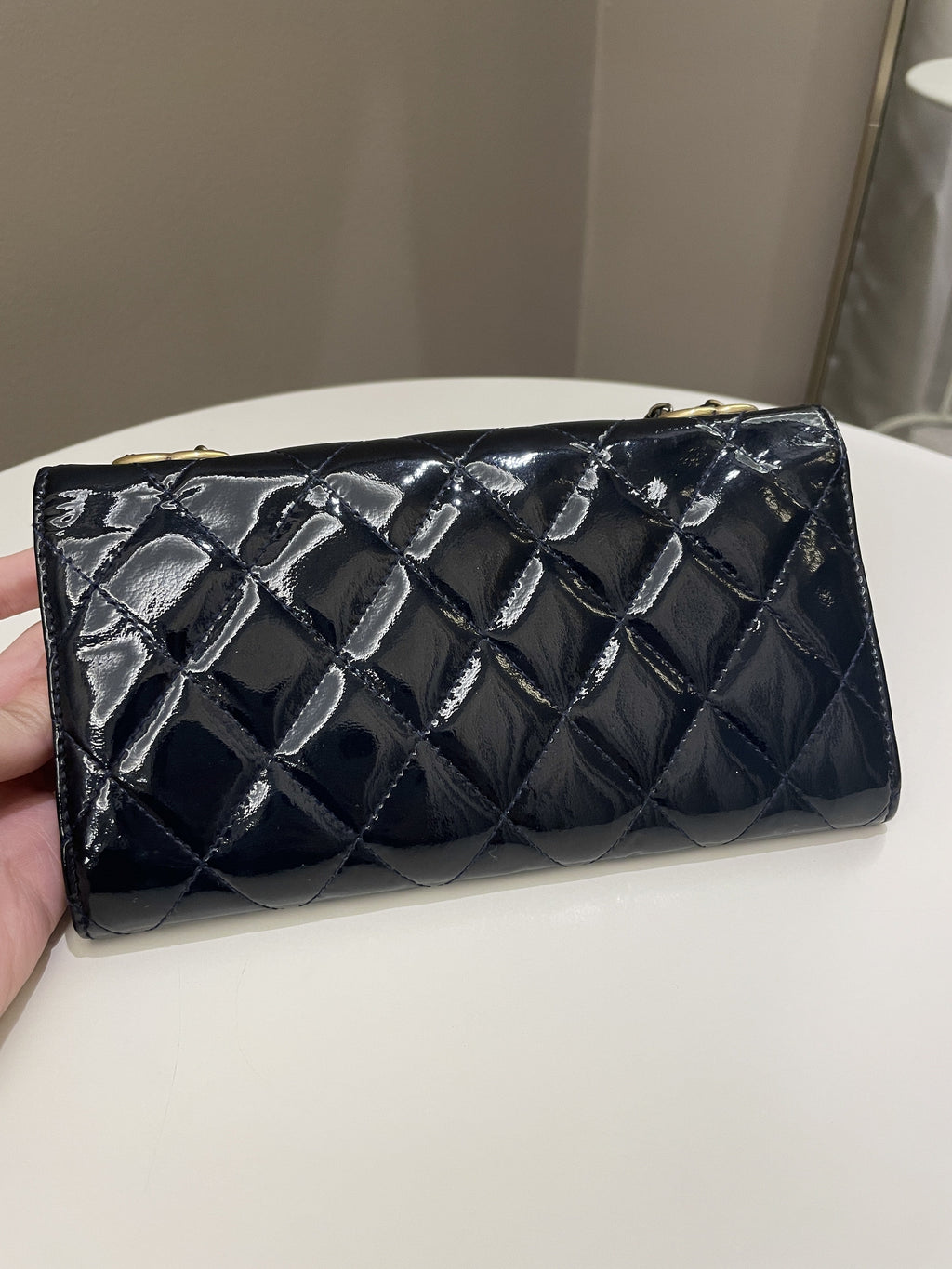 Chanel Double C Grommet Clutch On Chain Midnight Blue Patent