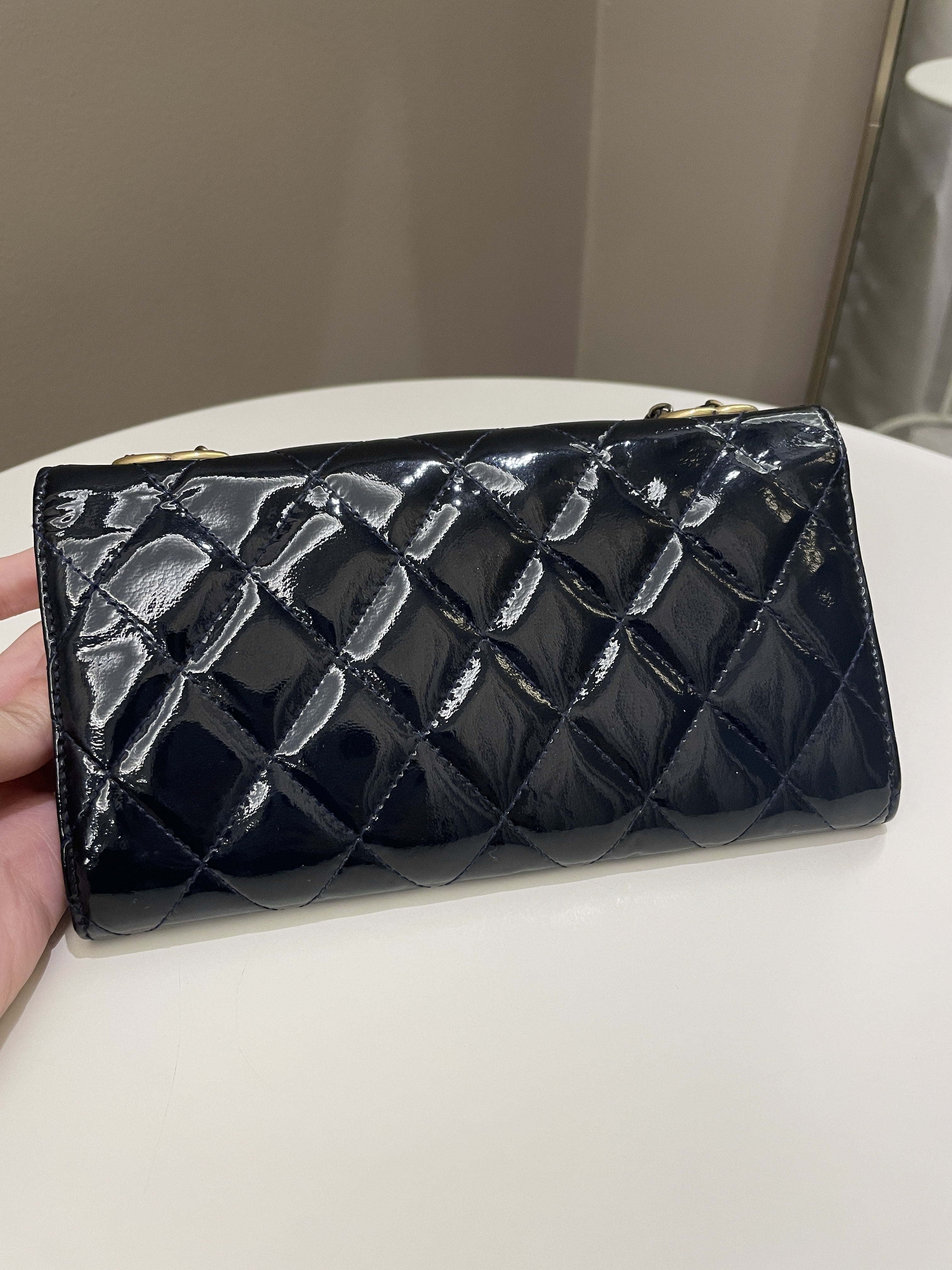 Chanel Double C Grommet Clutch On Chain Midnight Blue Patent