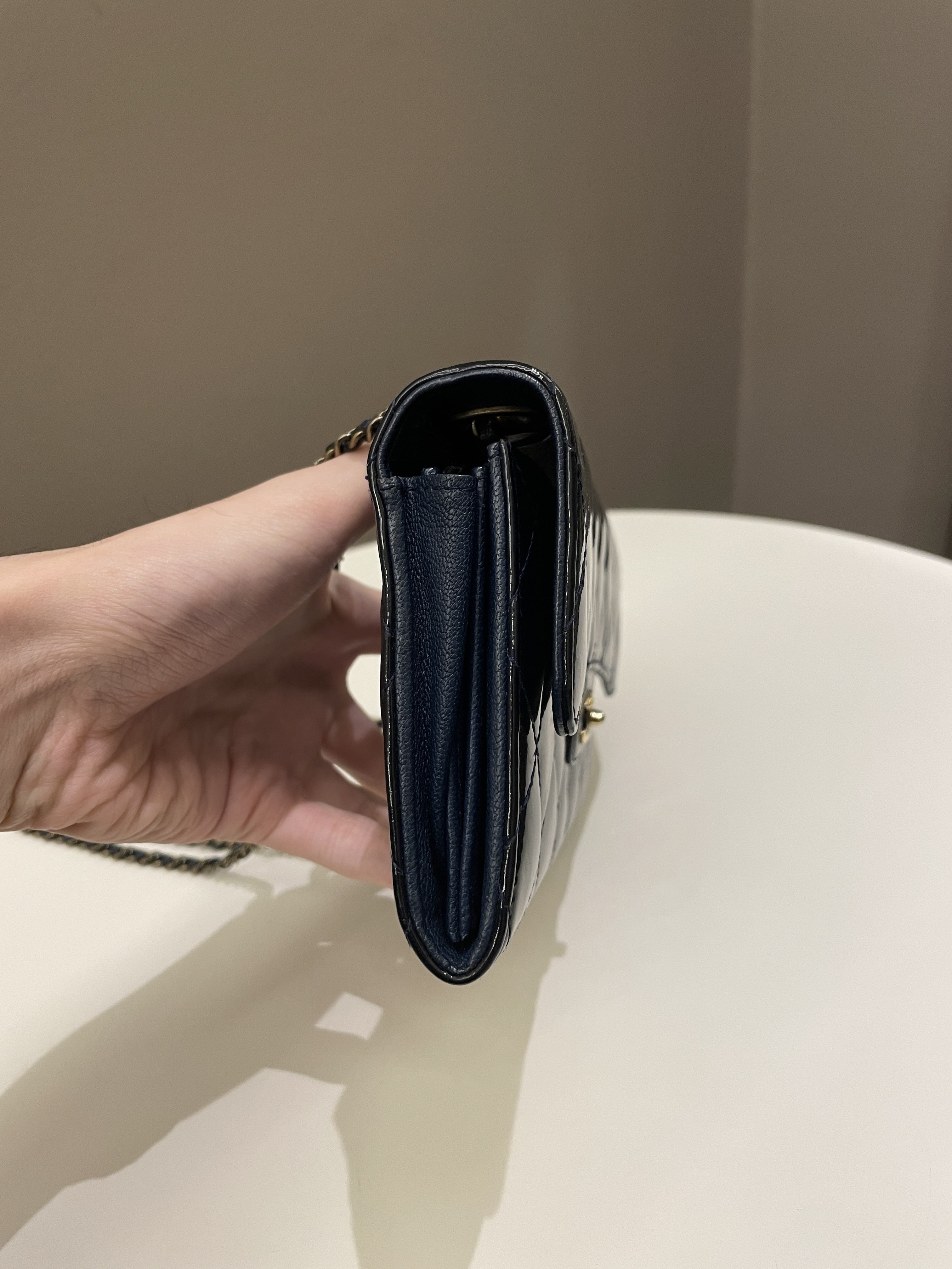 Chanel Double C Grommet Clutch On Chain Midnight Blue Patent