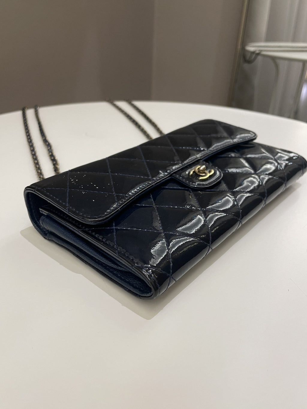 Chanel Double C Grommet Clutch On Chain Midnight Blue Patent