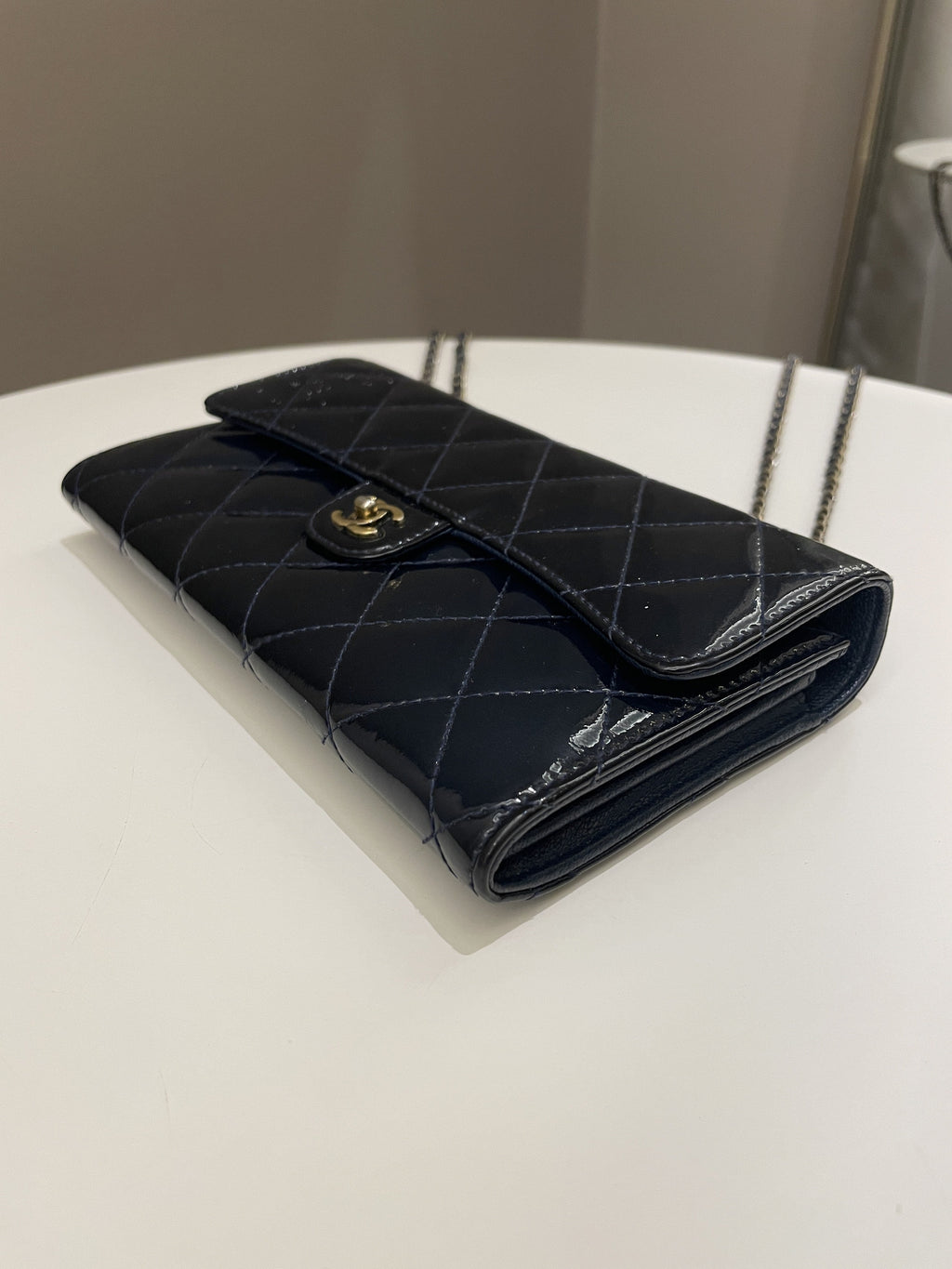 Chanel Double C Grommet Clutch On Chain Midnight Blue Patent
