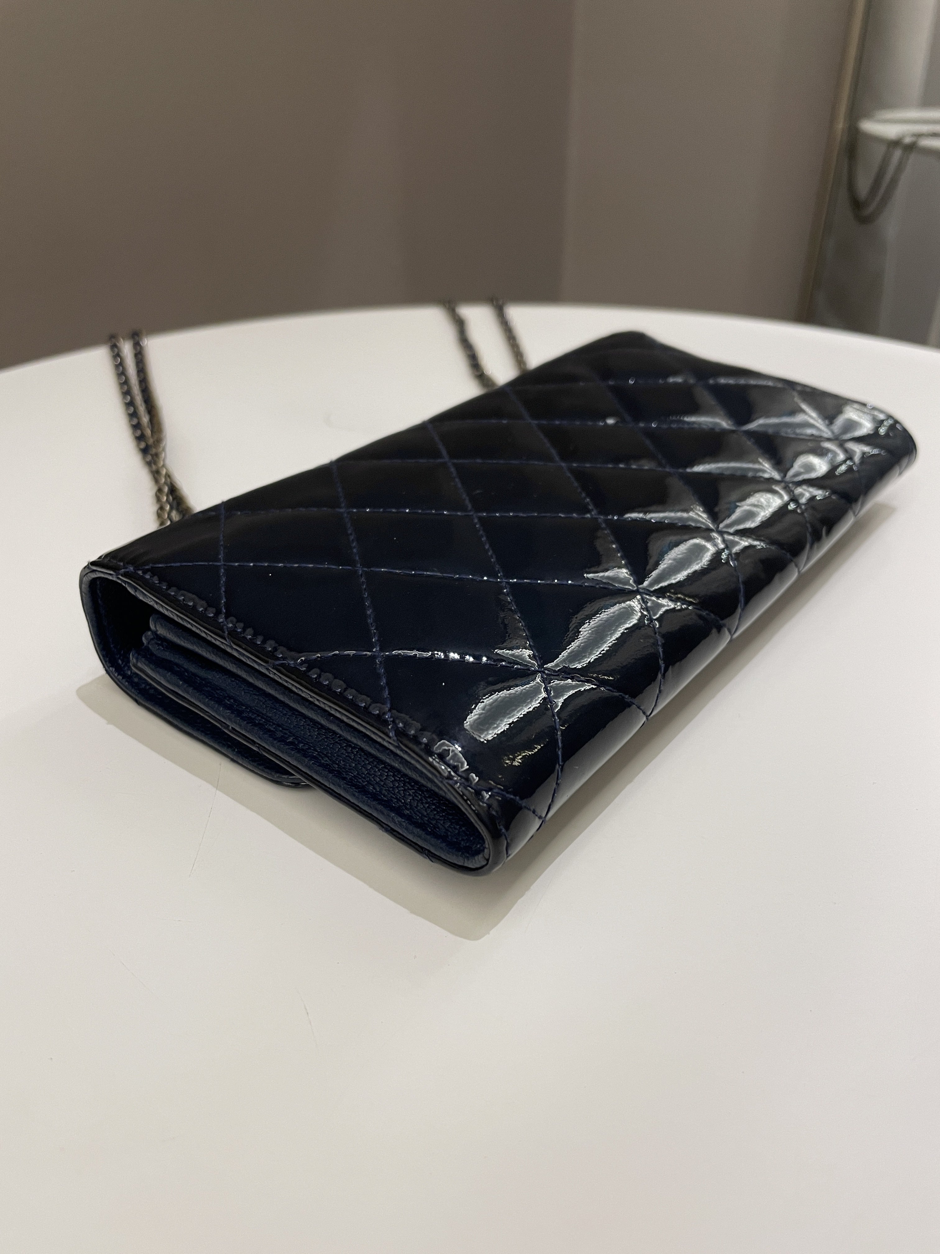 Chanel Double C Grommet Clutch On Chain Midnight Blue Patent