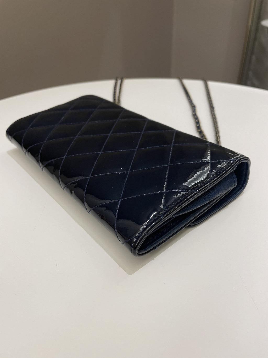 Chanel Double C Grommet Clutch On Chain Midnight Blue Patent