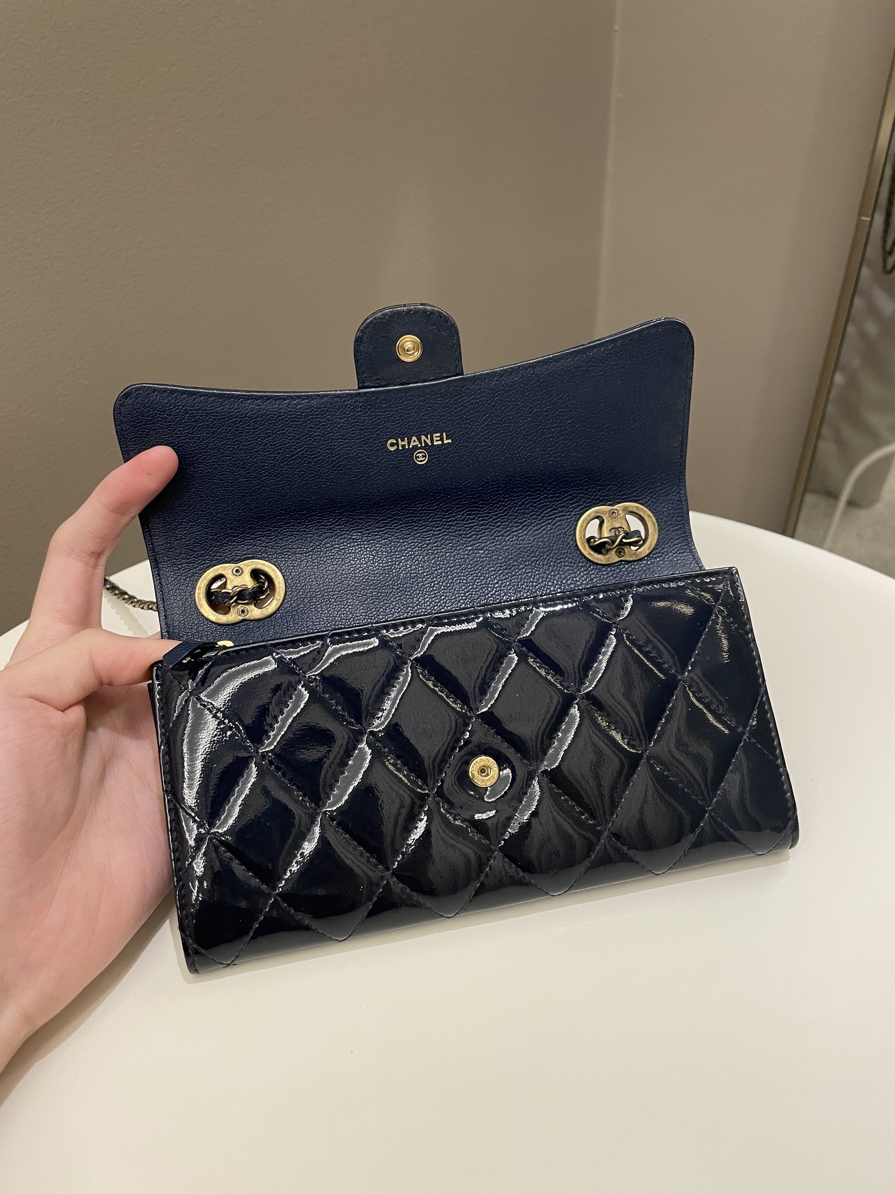 Chanel Double C Grommet Clutch On Chain Midnight Blue Patent