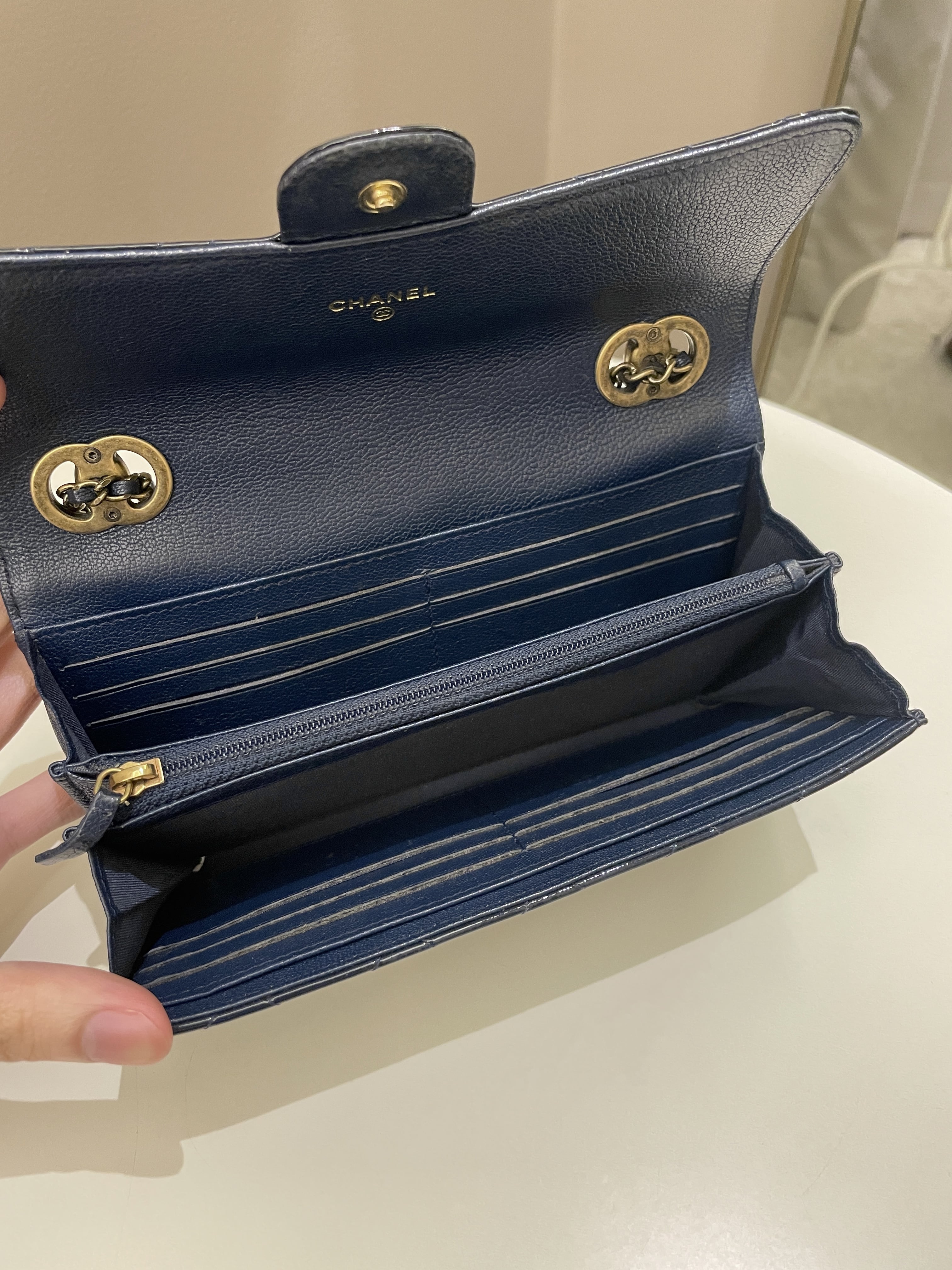 Chanel Double C Grommet Clutch On Chain Midnight Blue Patent
