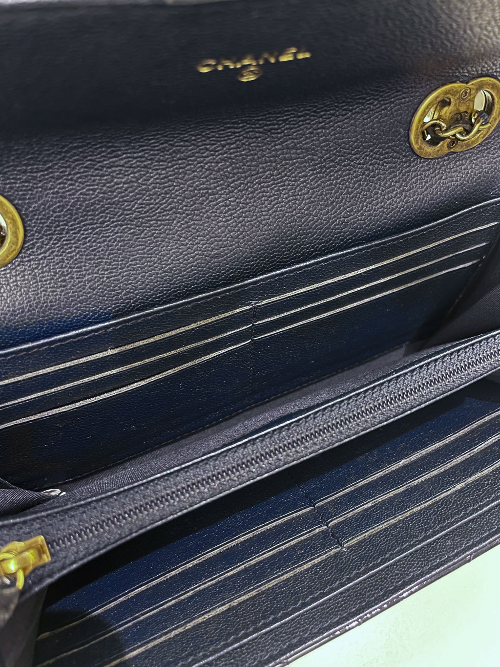 Chanel Double C Grommet Clutch On Chain Midnight Blue Patent
