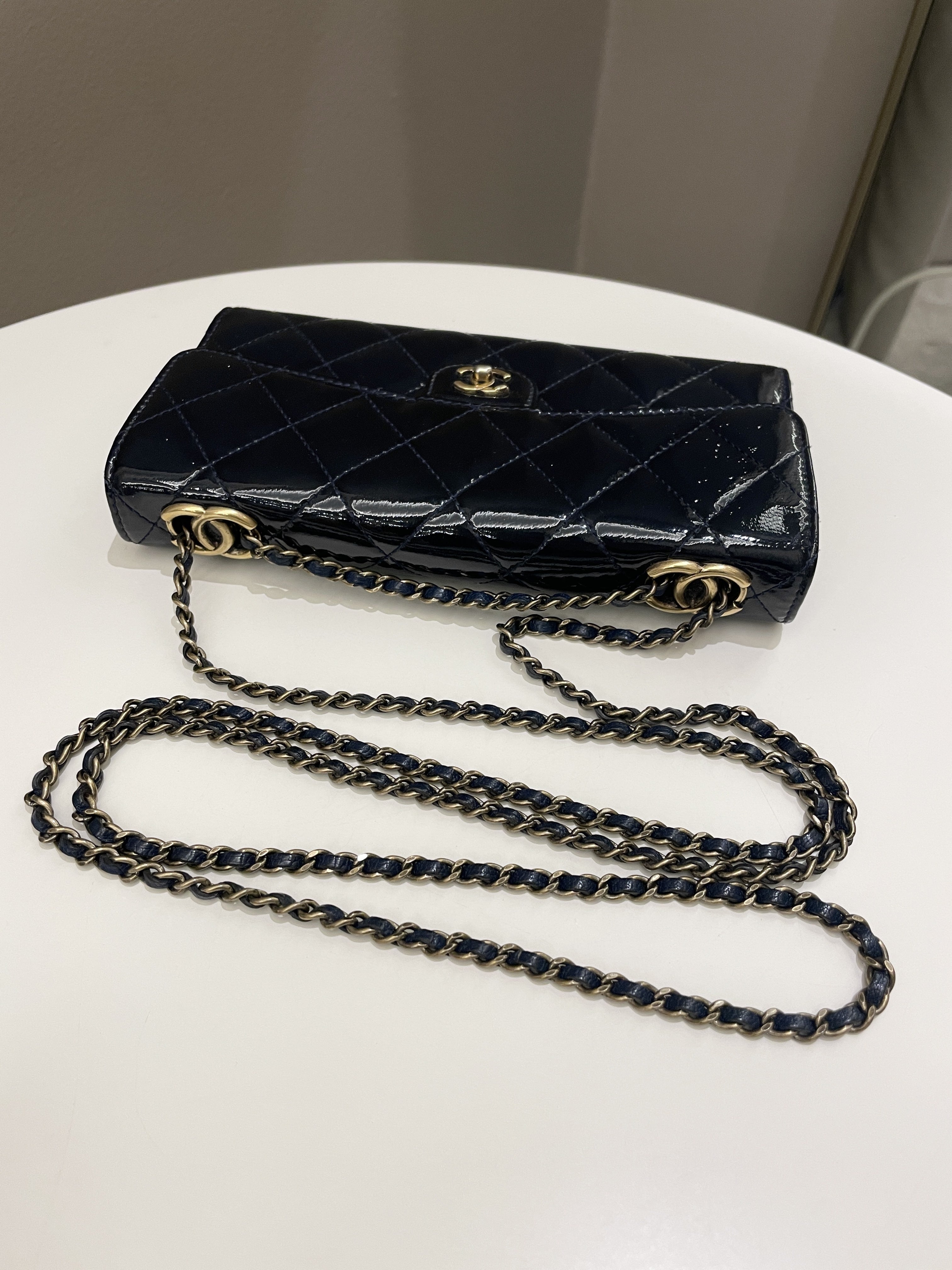 Chanel Double C Grommet Clutch On Chain Midnight Blue Patent
