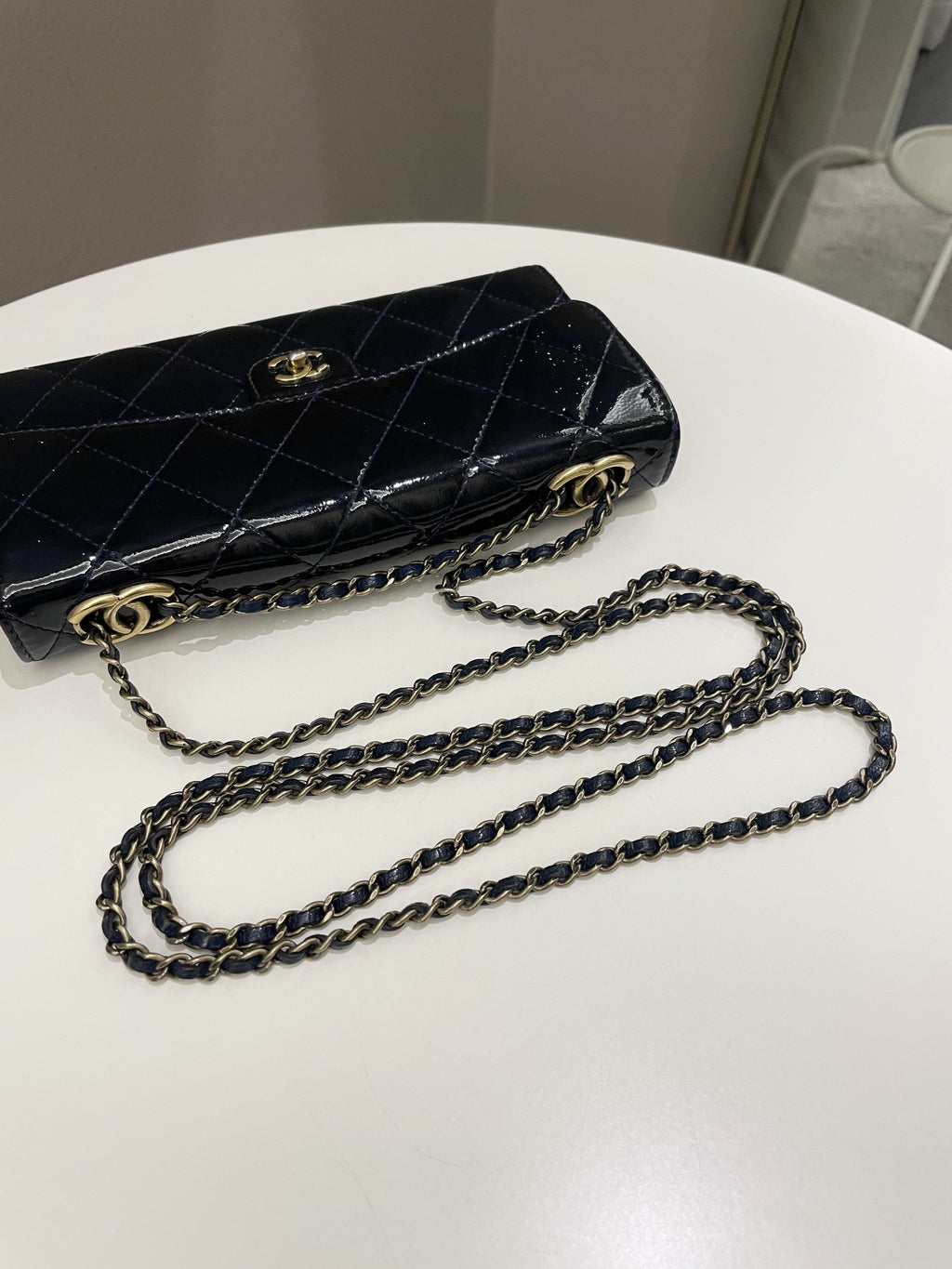 Chanel Double C Grommet Clutch On Chain Midnight Blue Patent