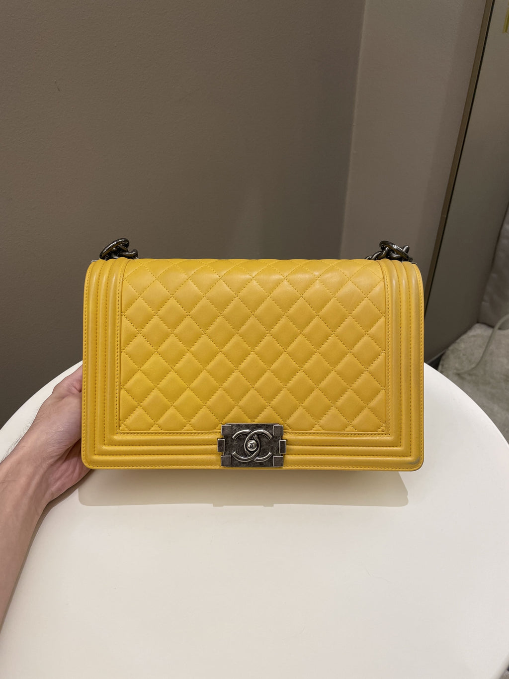 Chanel Quilted New Medium Boy Yellow Lambskin