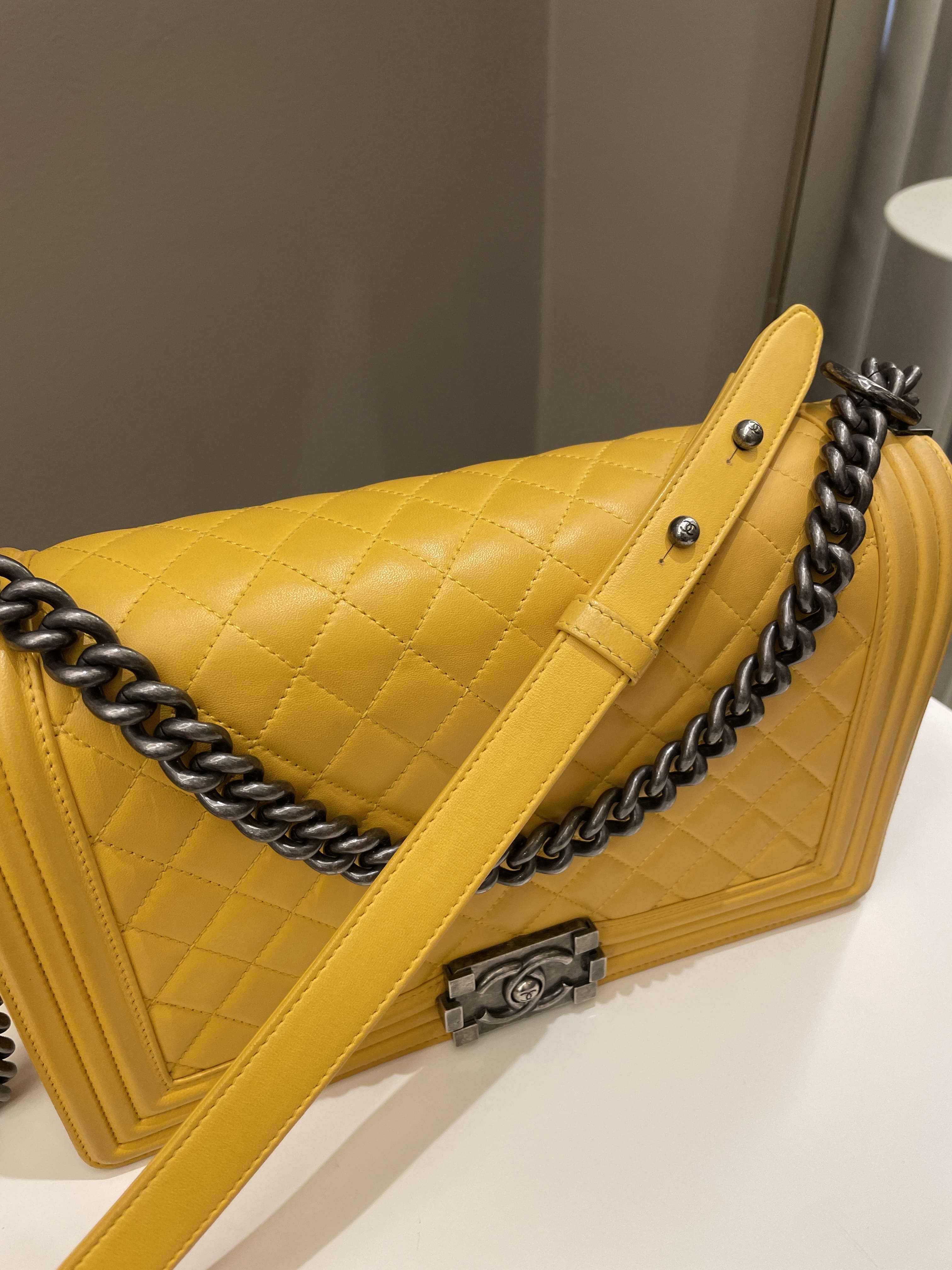 Chanel Quilted New Medium Boy Yellow Lambskin