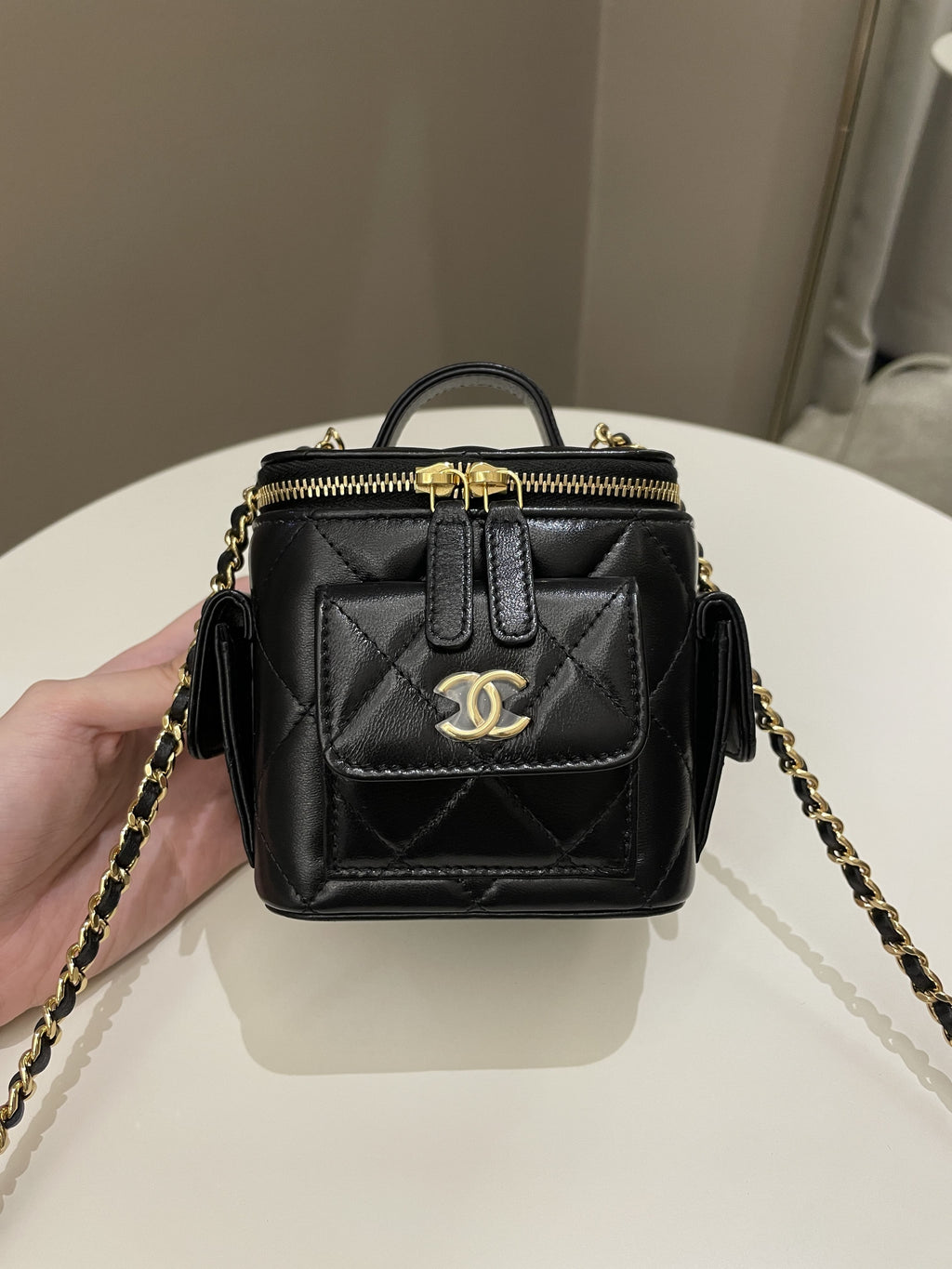 Chanel Vanity Square Top Handle Cargo Pocket Black Lambskin