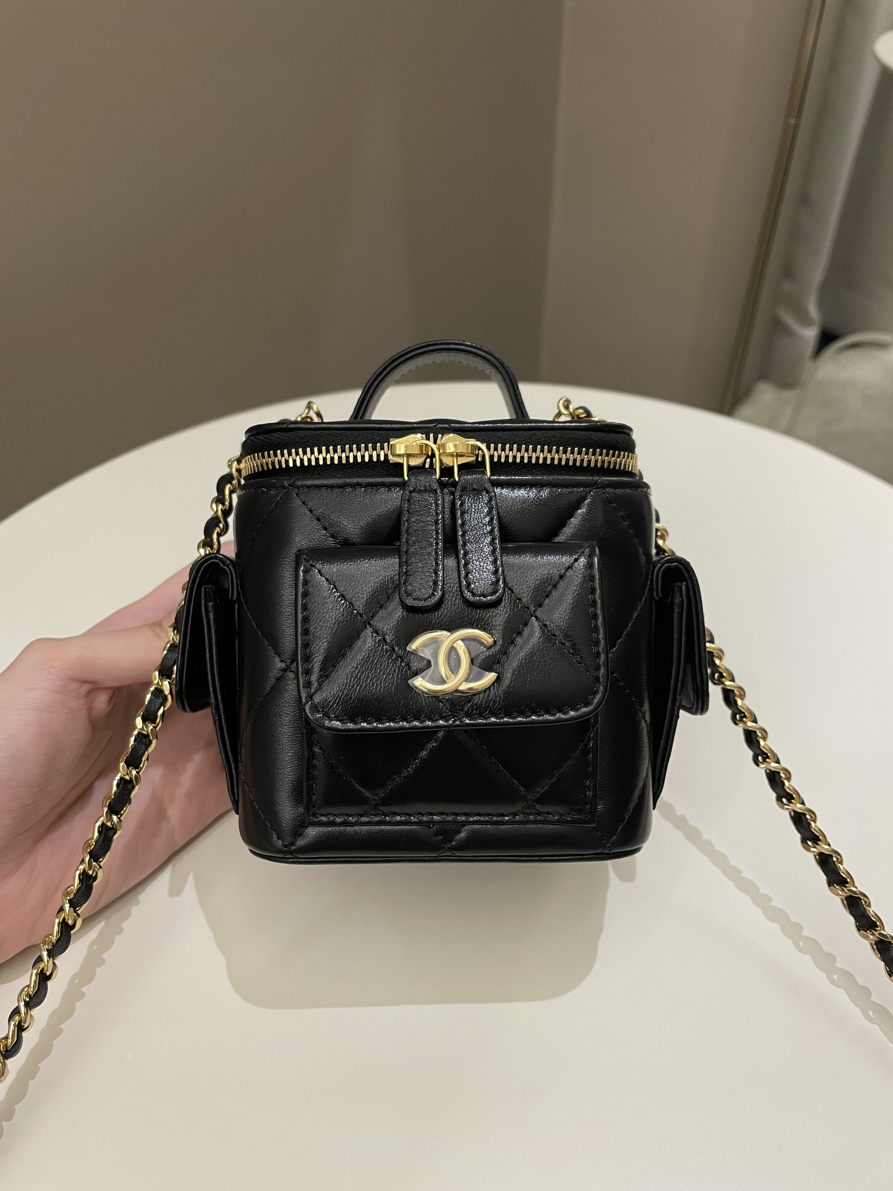 Chanel Vanity Square Top Handle Cargo Pocket Black Lambskin
