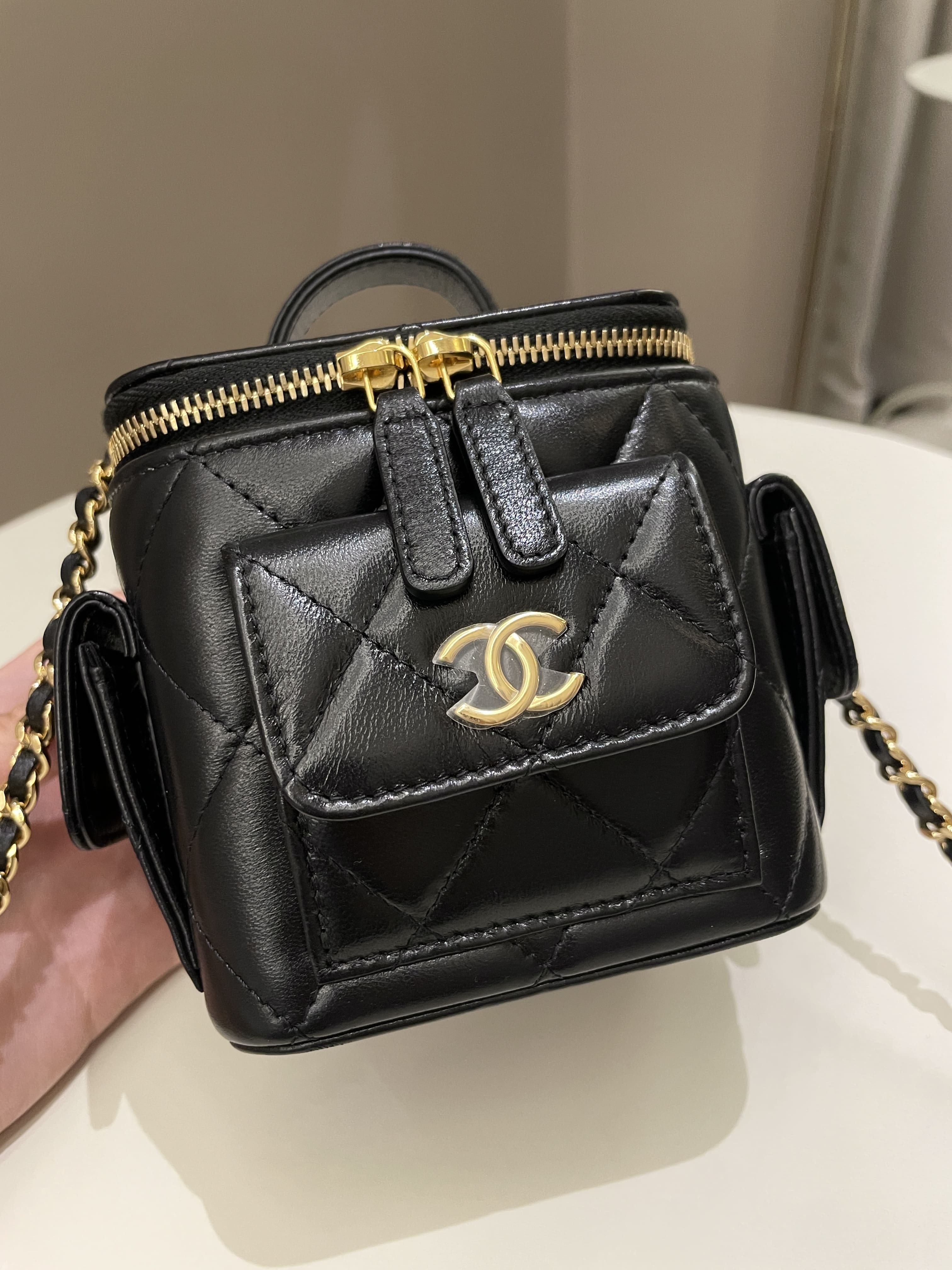 Chanel Vanity Square Top Handle Cargo Pocket Black Lambskin