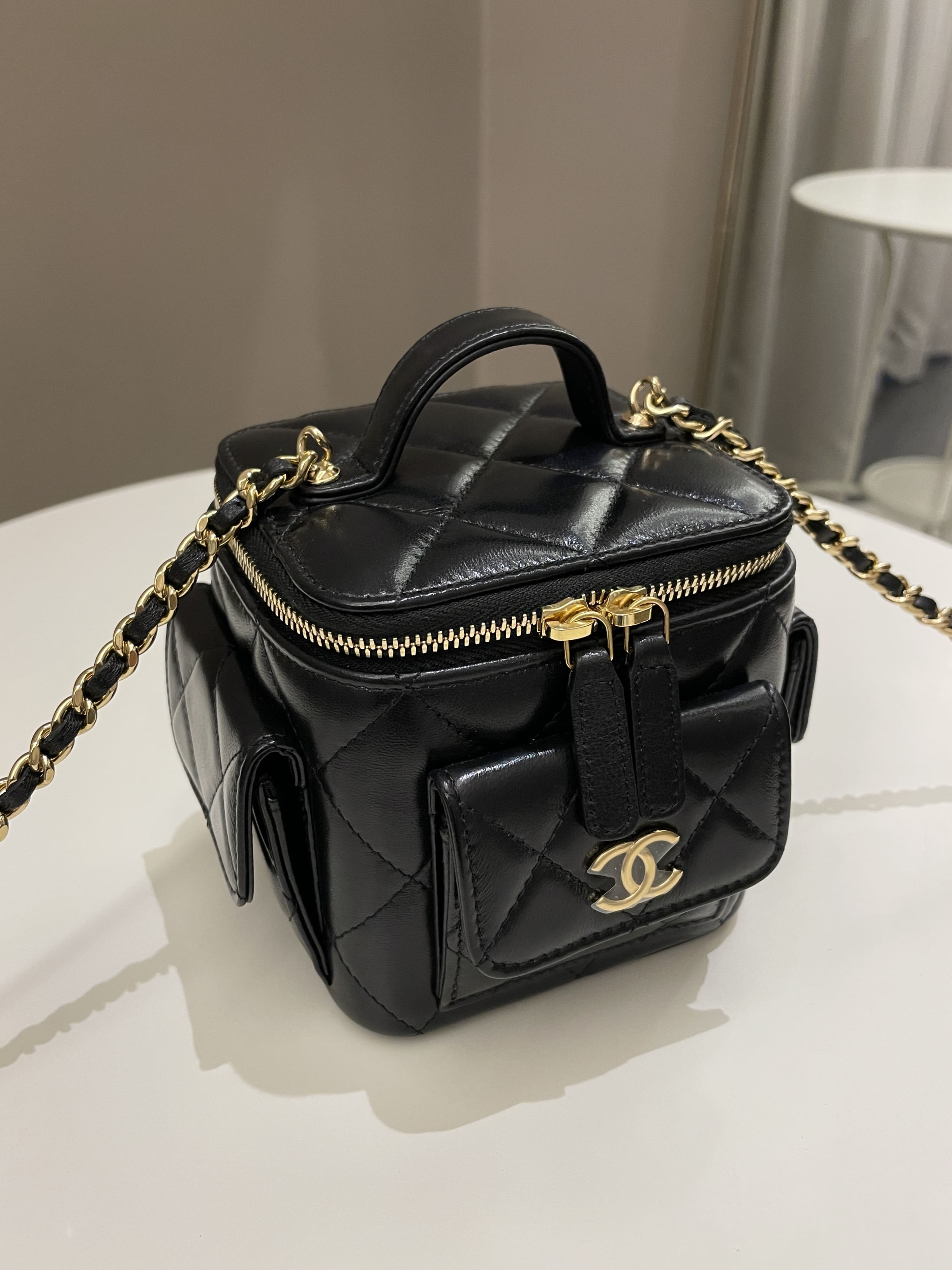 Chanel Vanity Square Top Handle Cargo Pocket Black Lambskin