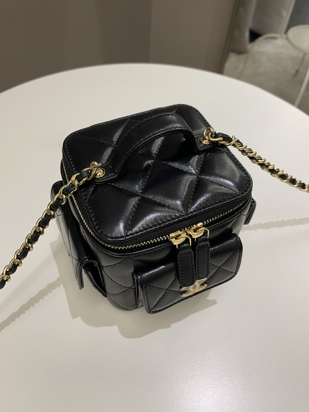 Chanel Vanity Square Top Handle Cargo Pocket Black Lambskin