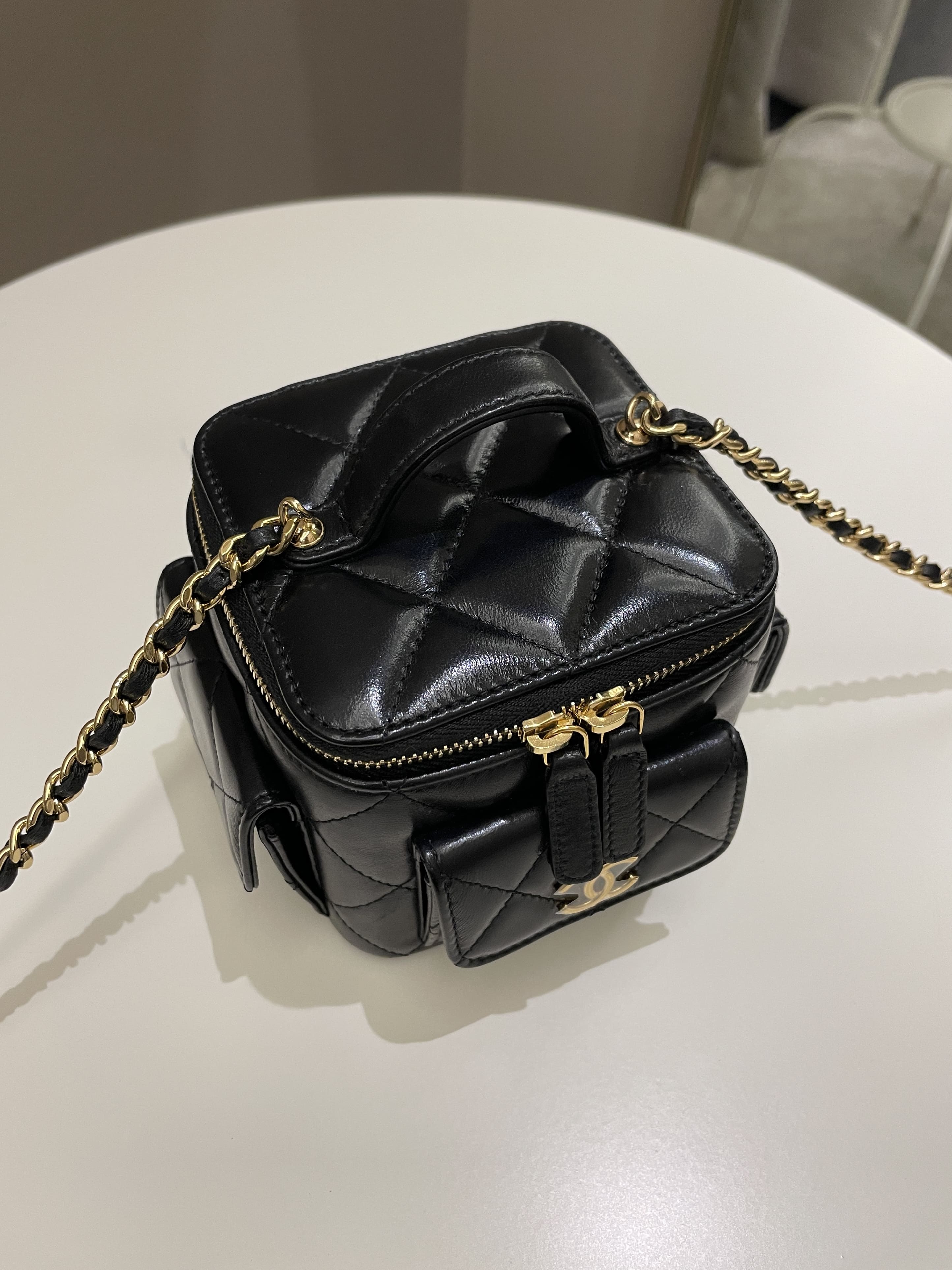 Chanel Vanity Square Top Handle Cargo Pocket Black Lambskin