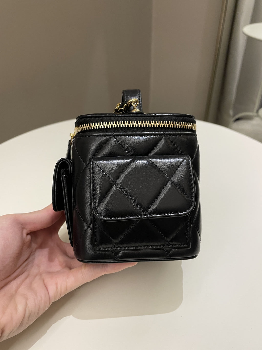 Chanel Vanity Square Top Handle Cargo Pocket Black Lambskin